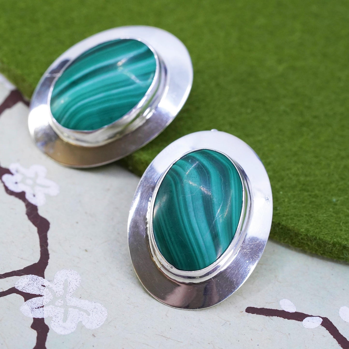Vintage southwestern Mathews sterling silver malachite earrings, oval 925 studs