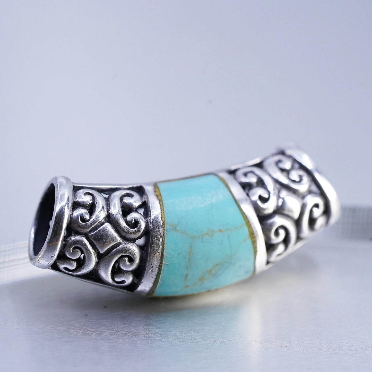 Vintage Thailand sterling 925 silver filigree slide pendant turquoise inlay
