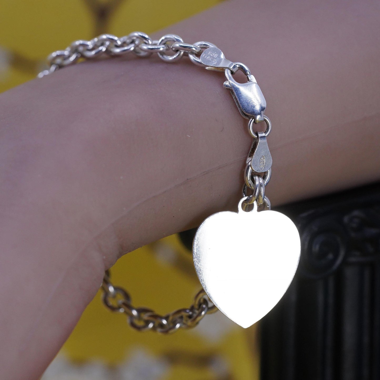 7”, Sterling silver bracelet, bold 925 circle chain with heart tag charm