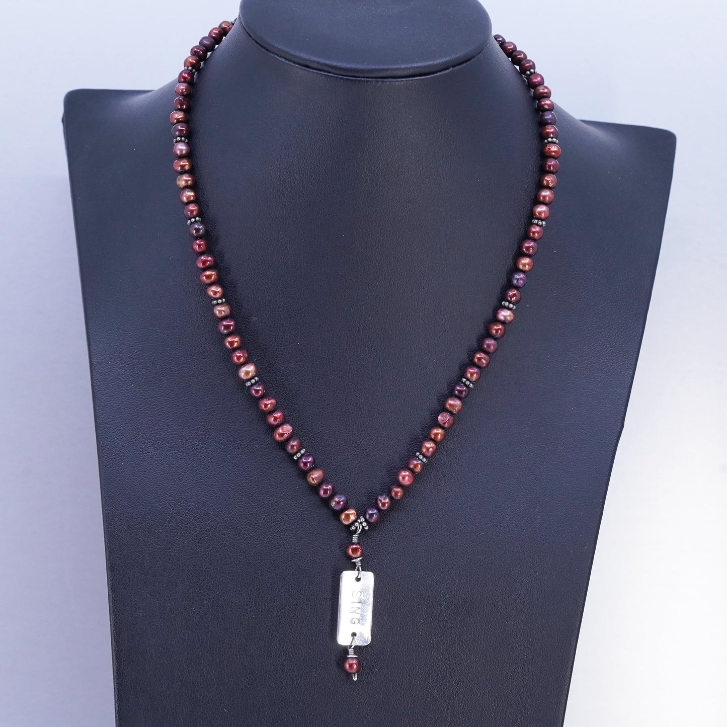 16", Vintage 5mm red freshwater pearl necklace Sterling 925 silver pendant Sing