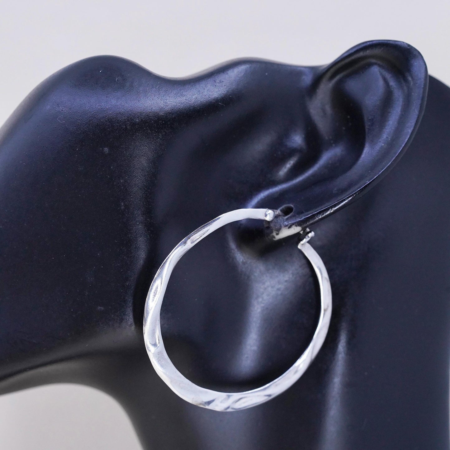 1.75", Vintage Huge 925 sterling silver loop earrings, flatten textured hoops