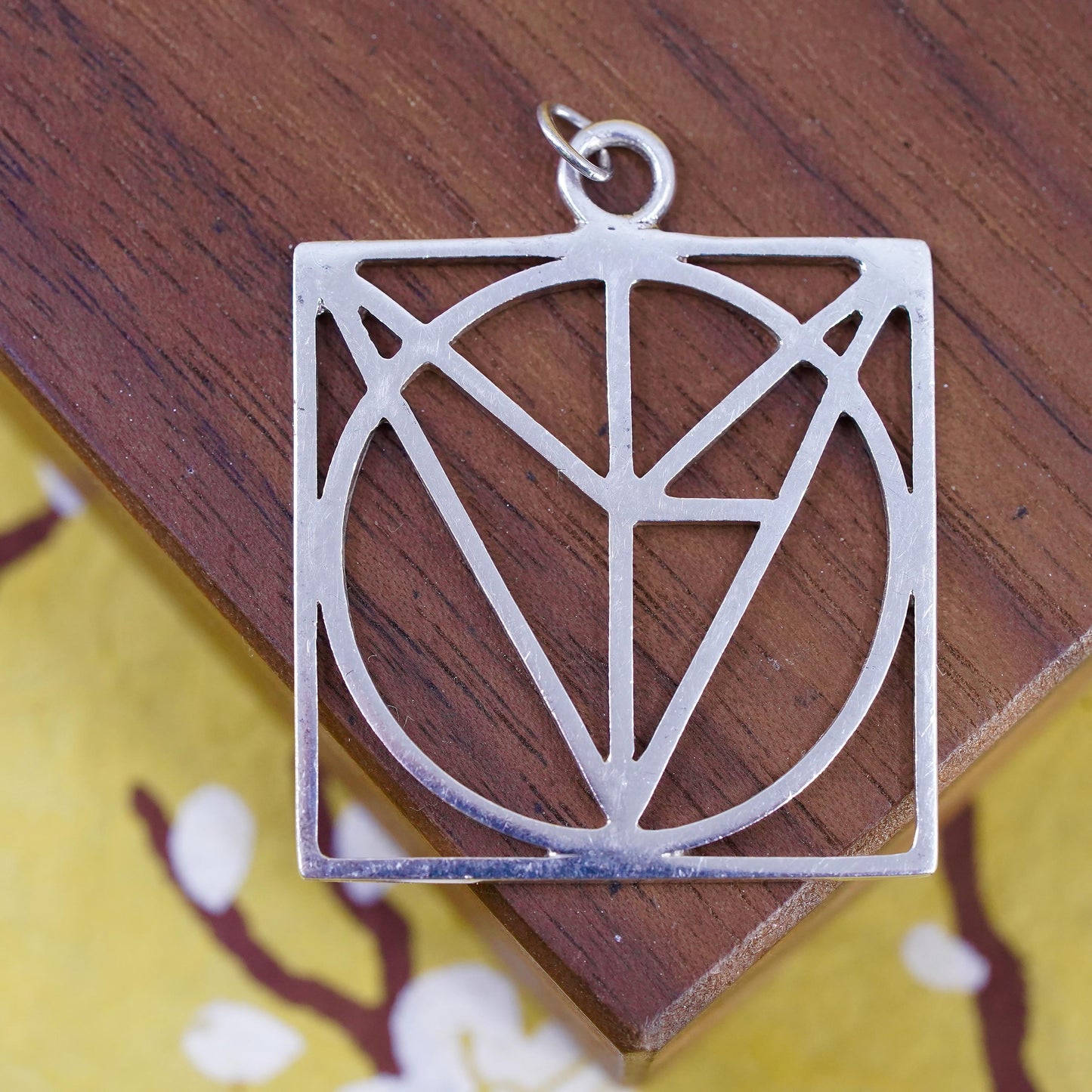 Sterling Silver Geometric Square Pendant Modernist Abstract Line, Artisan Charm