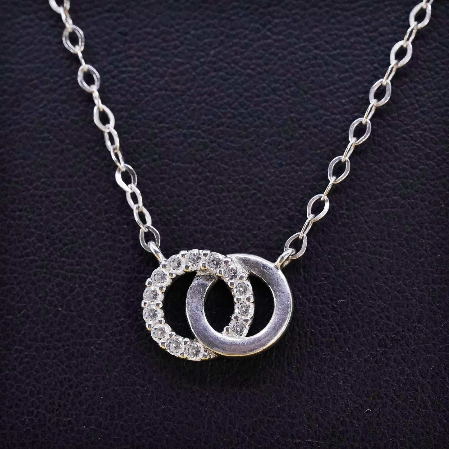 16+2”, vintage Sterling silver necklace, 925 flatten Cz entwined circle pendant