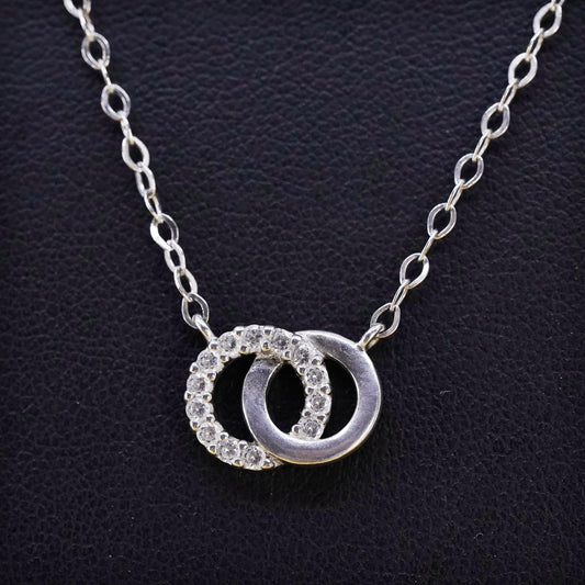 16+2”, vintage Sterling silver necklace, 925 flatten Cz entwined circle pendant