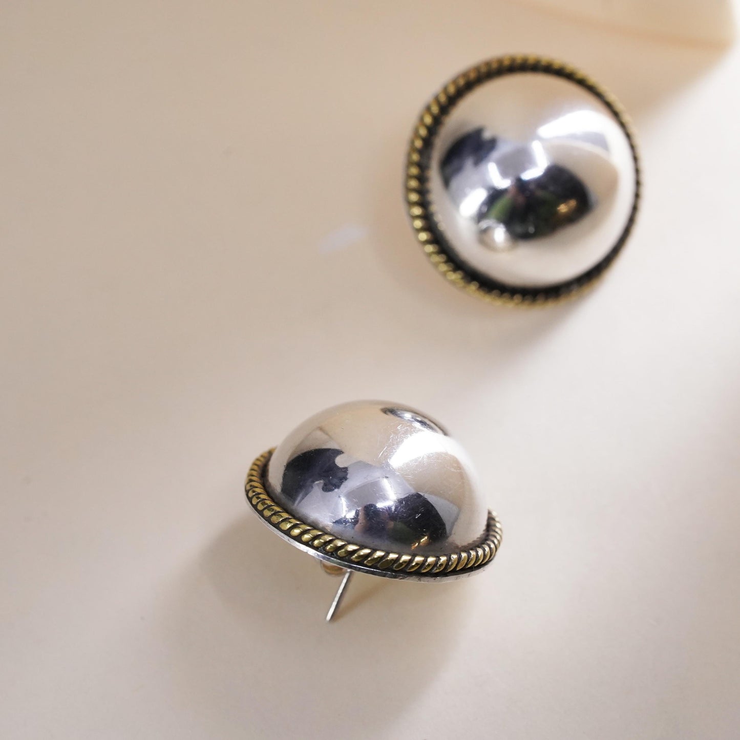 Vintage two tone Sterling silver earrings, Mexican 925 silver huge round studs