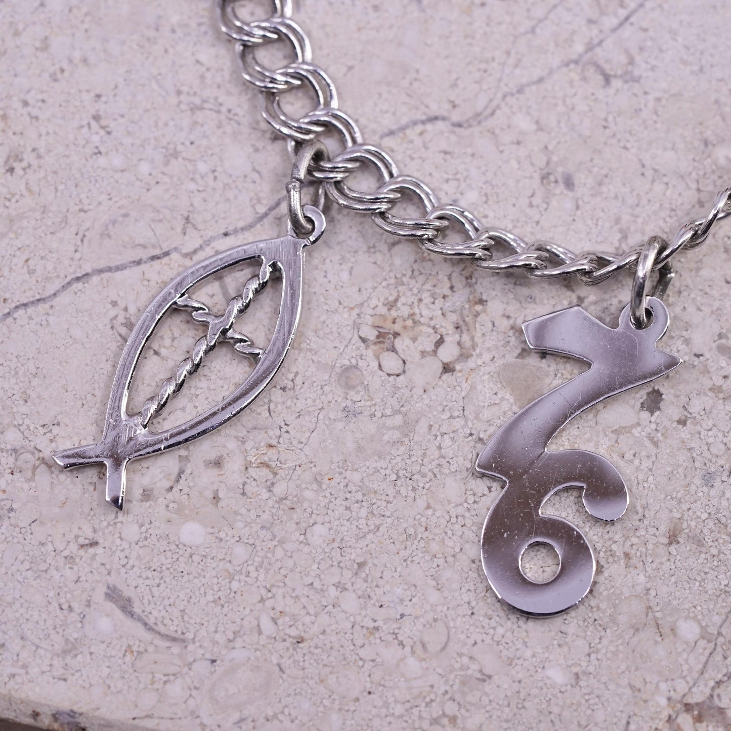 6.75”, vintage Sterling silver bracelet 925 double curb chain fish American map