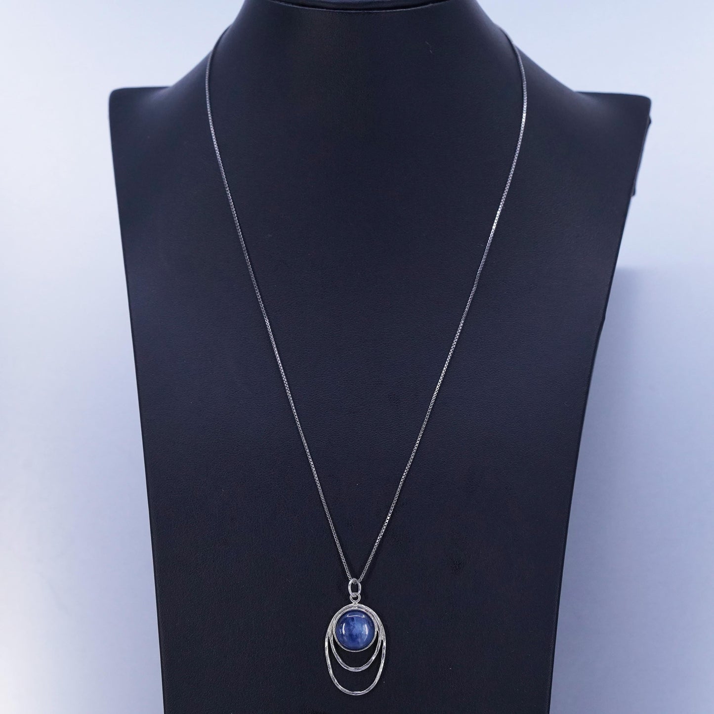 20”, vintage Israel RL Sterling 925 silver box necklace blue crystal pendant