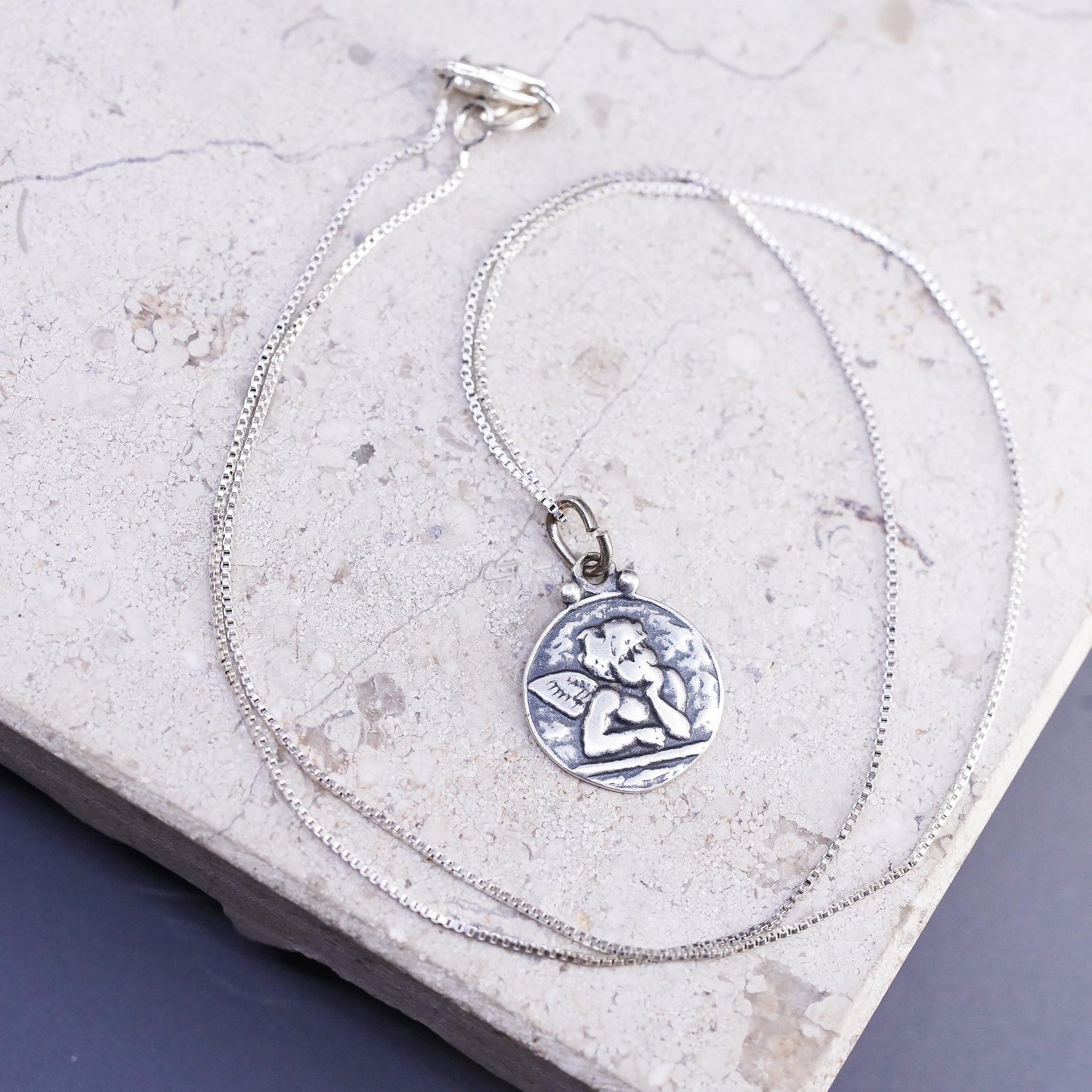 16", Vintage sterling 925 silver box necklace Guardian angel charm pendant