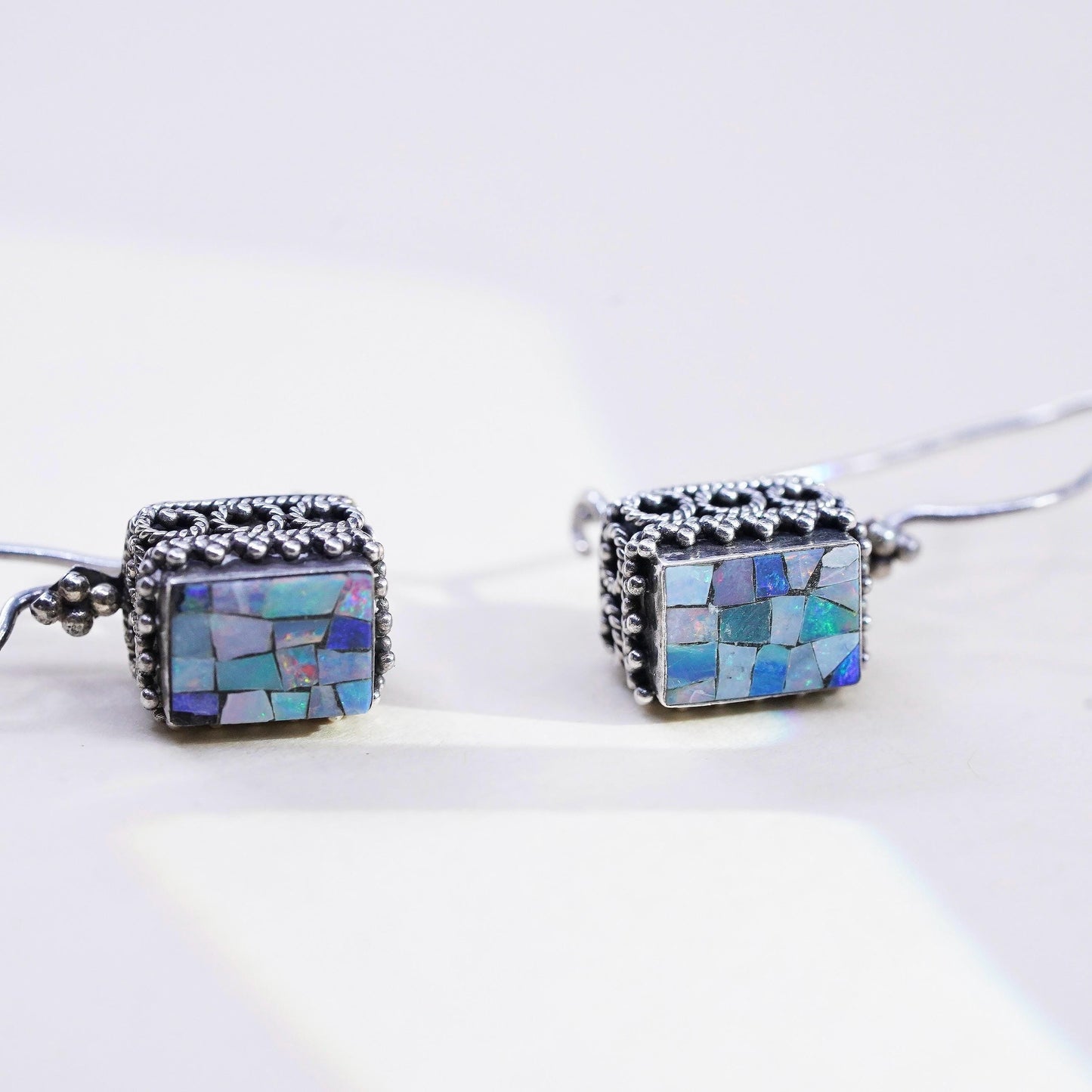 Vintage MNSN Sterling silver handmade mosaic earrings, rectangular dangles opal