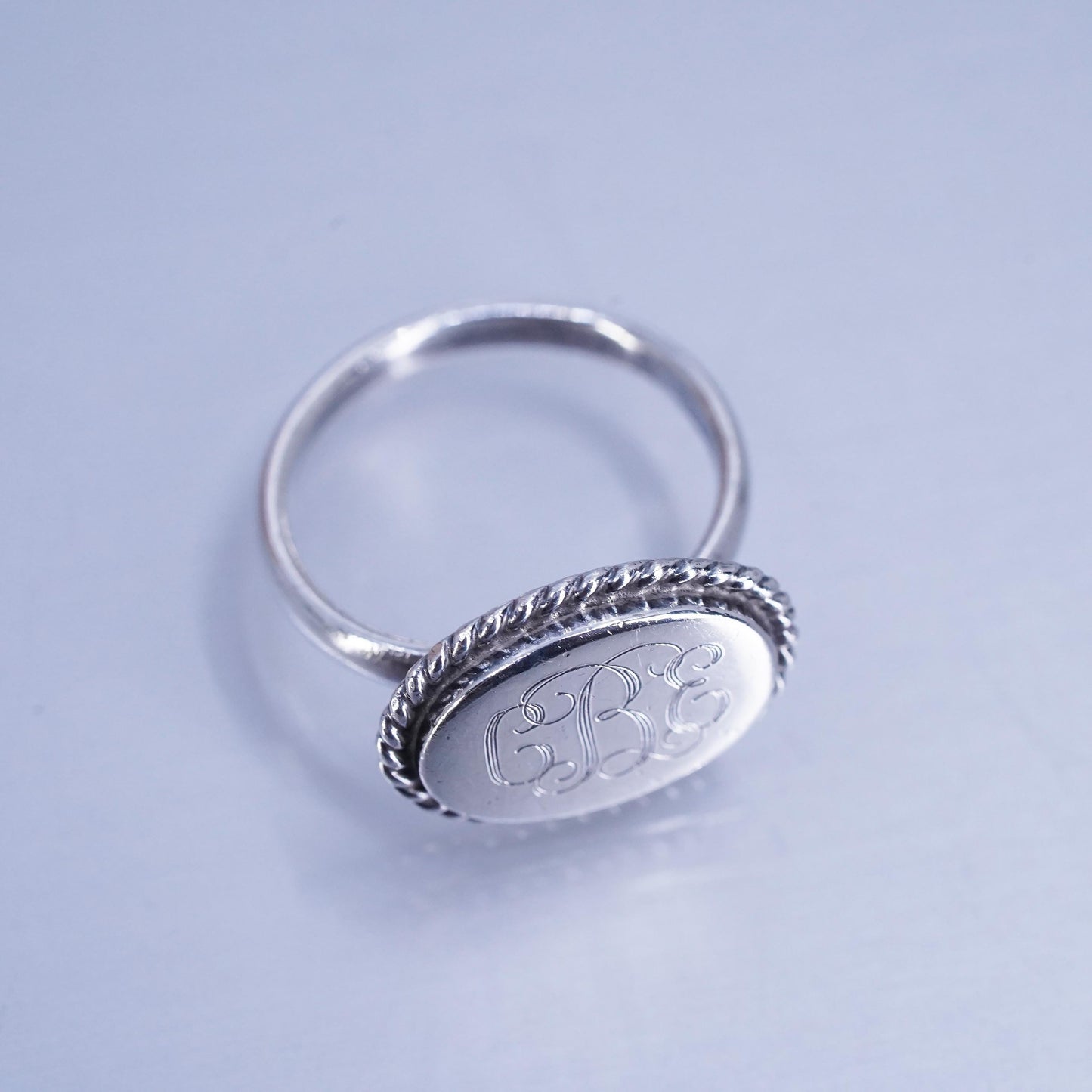 Size 7, Sterling 925 silver handmade heart ring, monogram initial “CEB” band