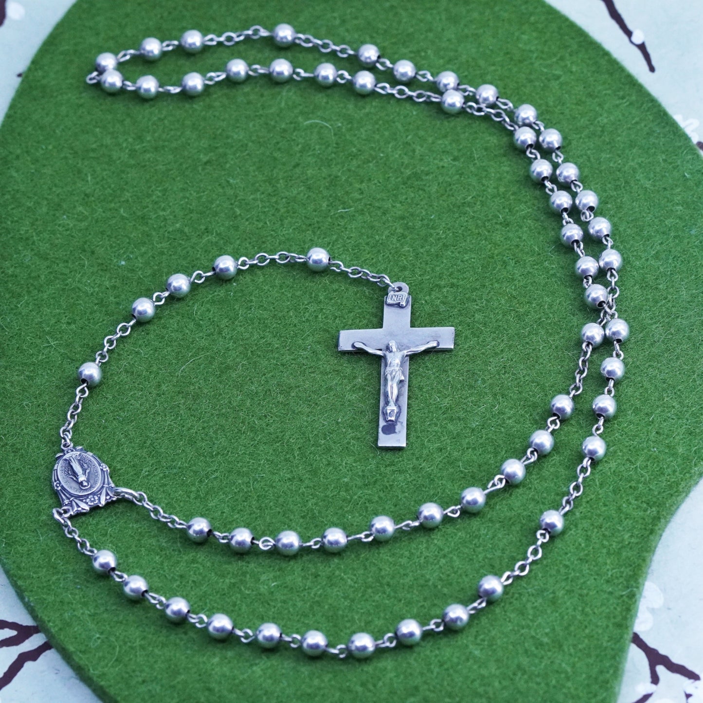 24”, sterling silver rosary necklace circle chain with Jesus cross pendant bead