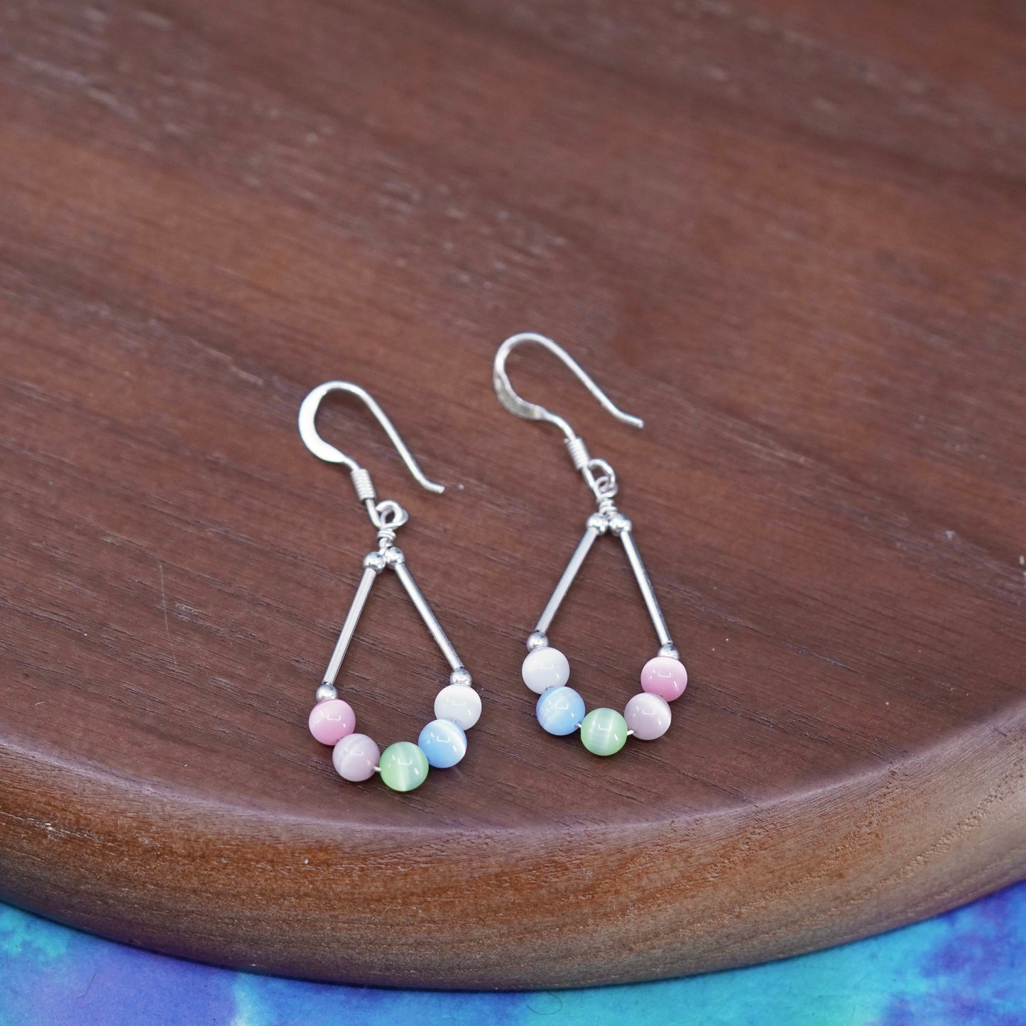Vintage Sterling 925 silver handmade teardrop earrings with cat’s eye beads