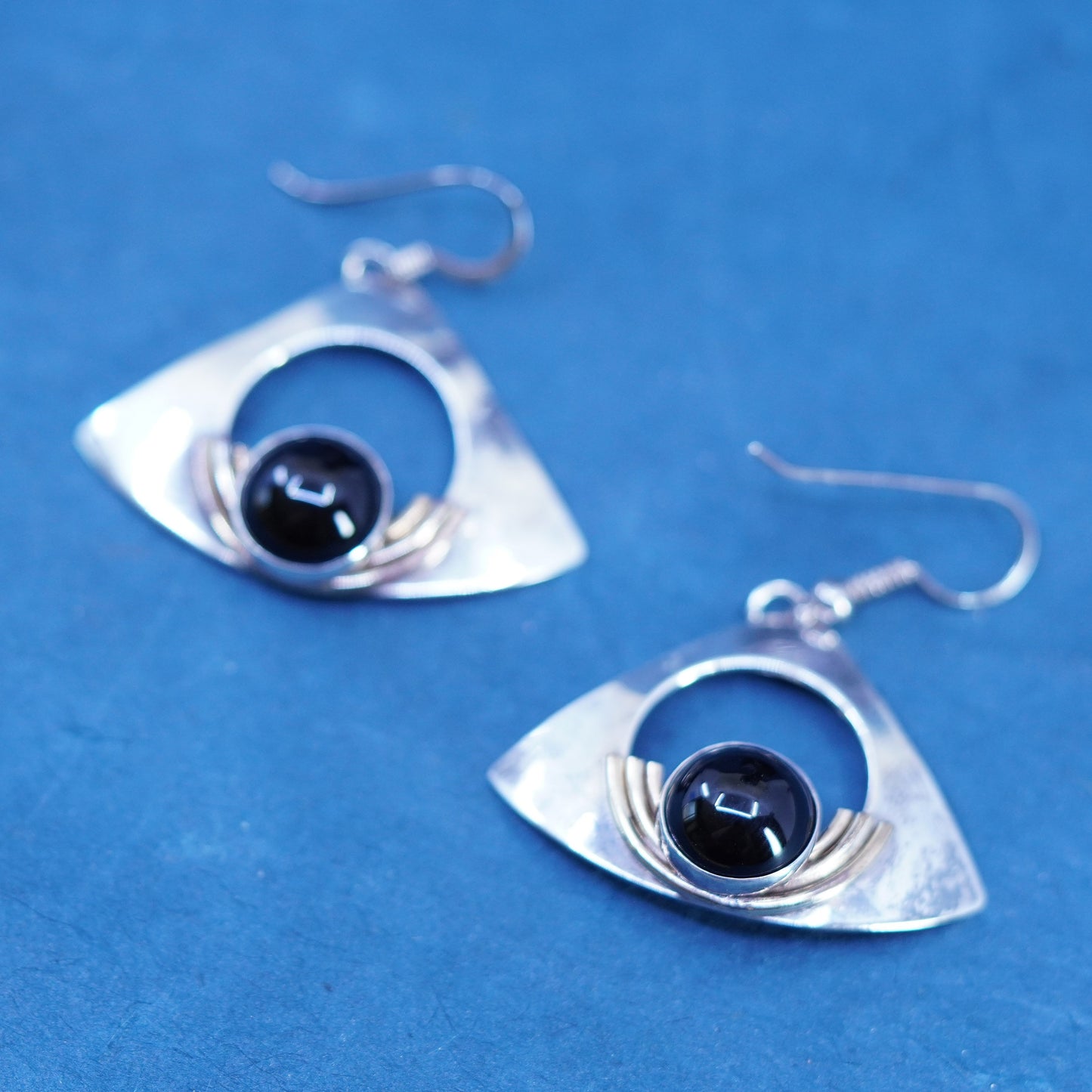 PJP gold filled sterling silver drop earrings, modern 925 disc with black onyx