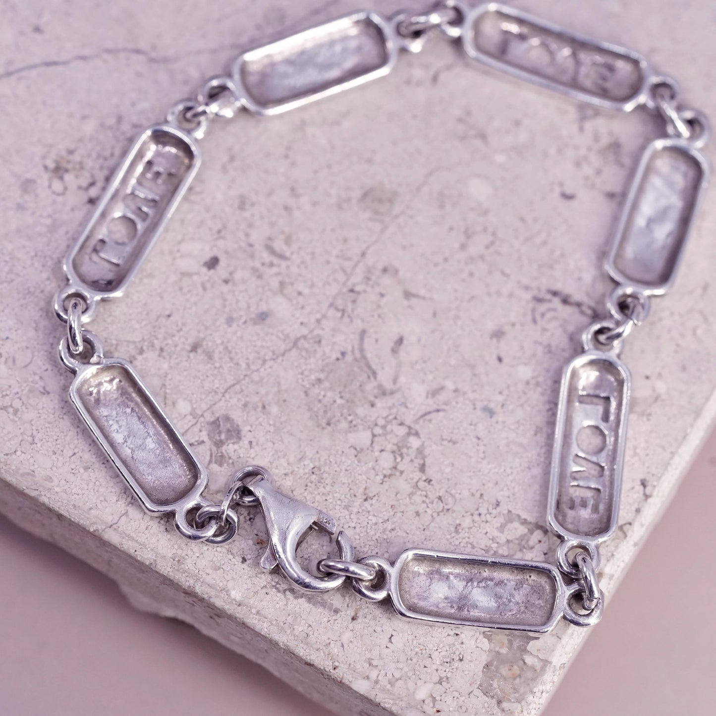 7.5", vintage Sterling silver handmade bracelet, 925 bar with love cutout