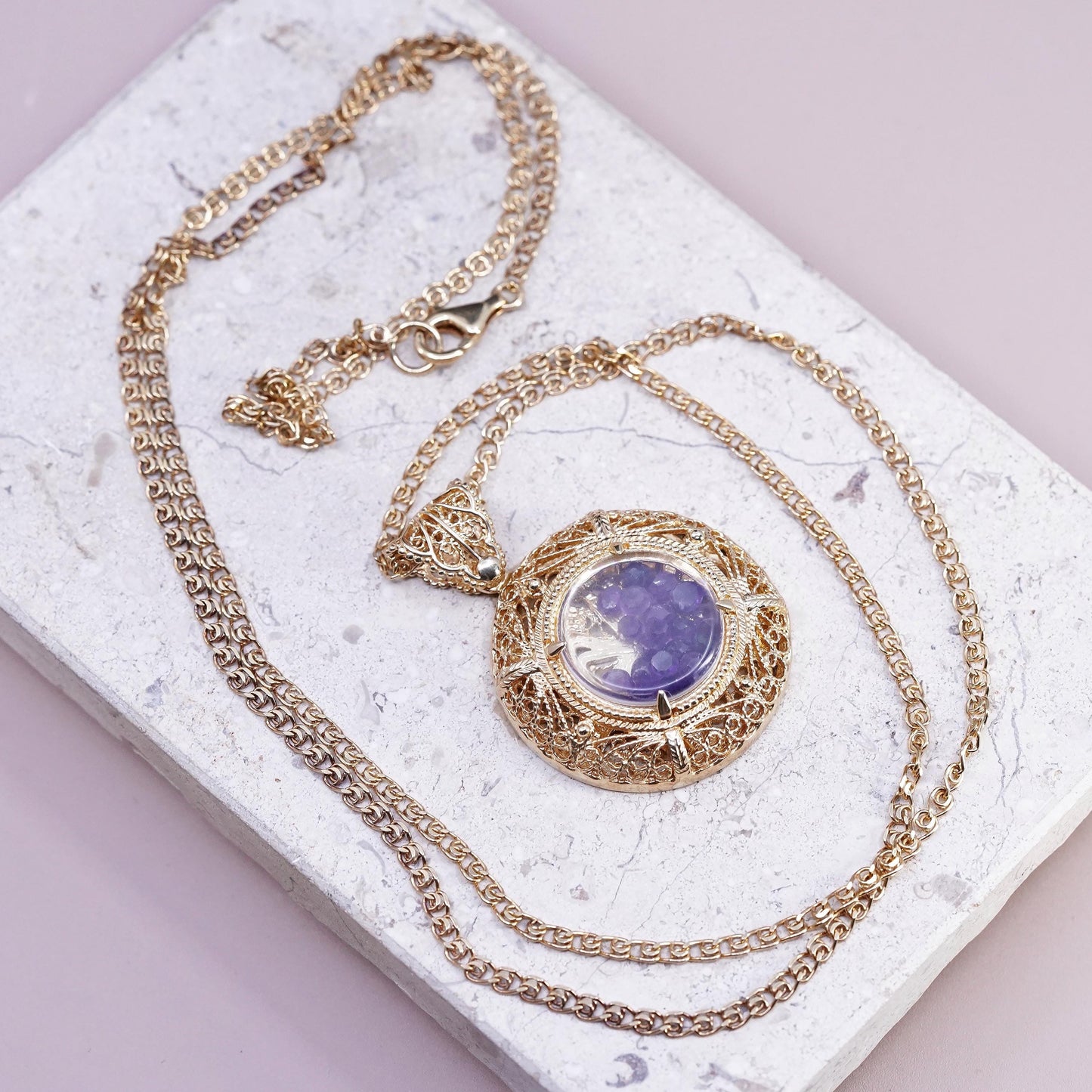 36" Turkey gold tone Sterling 925 silver necklace amethyst filigree pendant