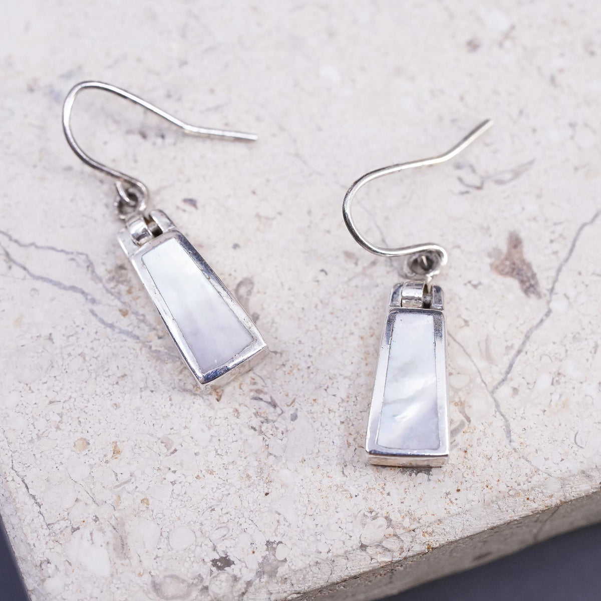 Vintage sterling silver handmade earrings, 925 drops with mother of pearl inlay