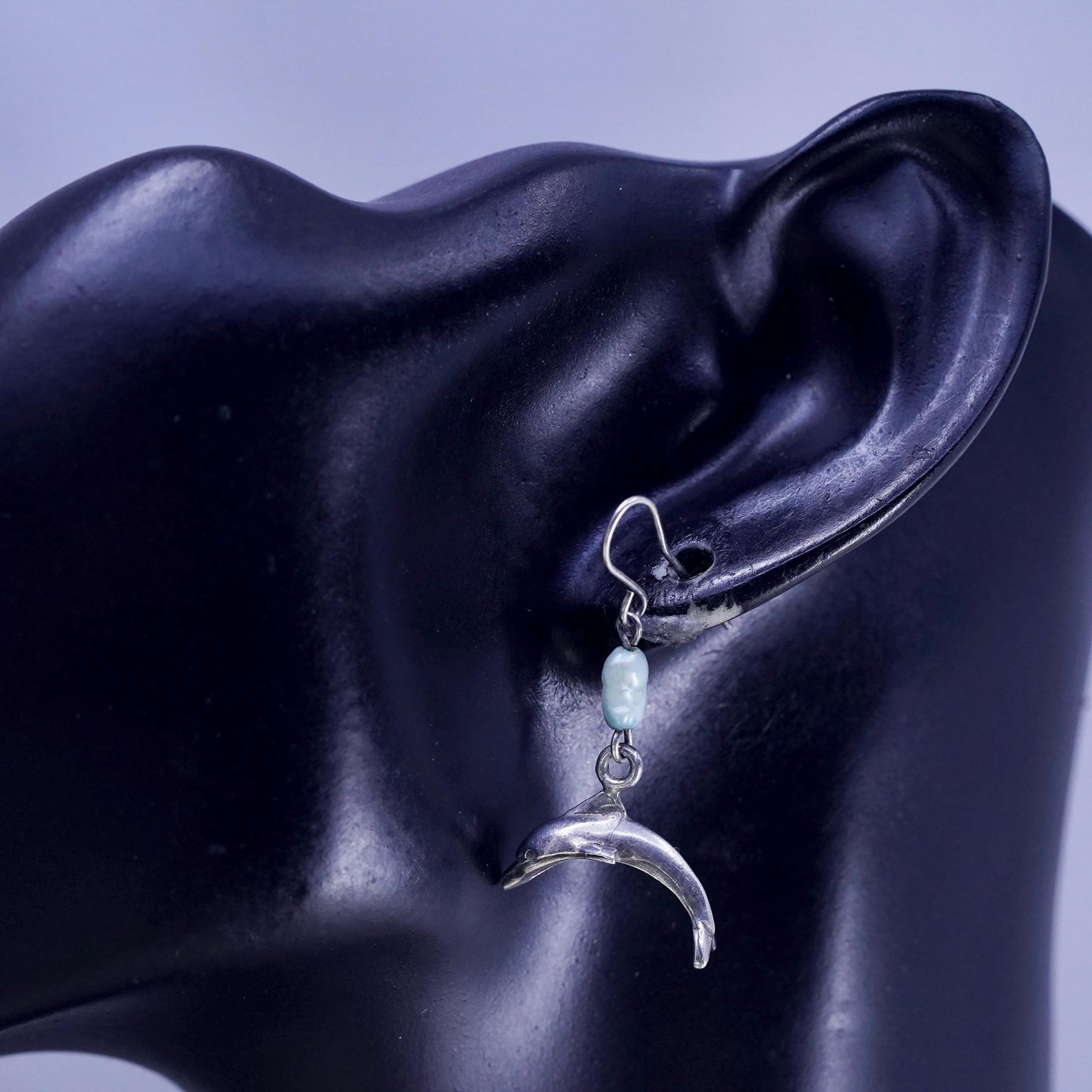Vintage Sterling silver handmade earrings, 925 dolphin dangles blue pearl beads