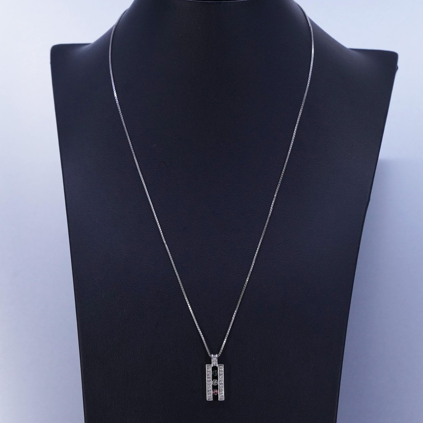 18+2”, vintage Sterling 925 silver box chain necklace with crystal pendant