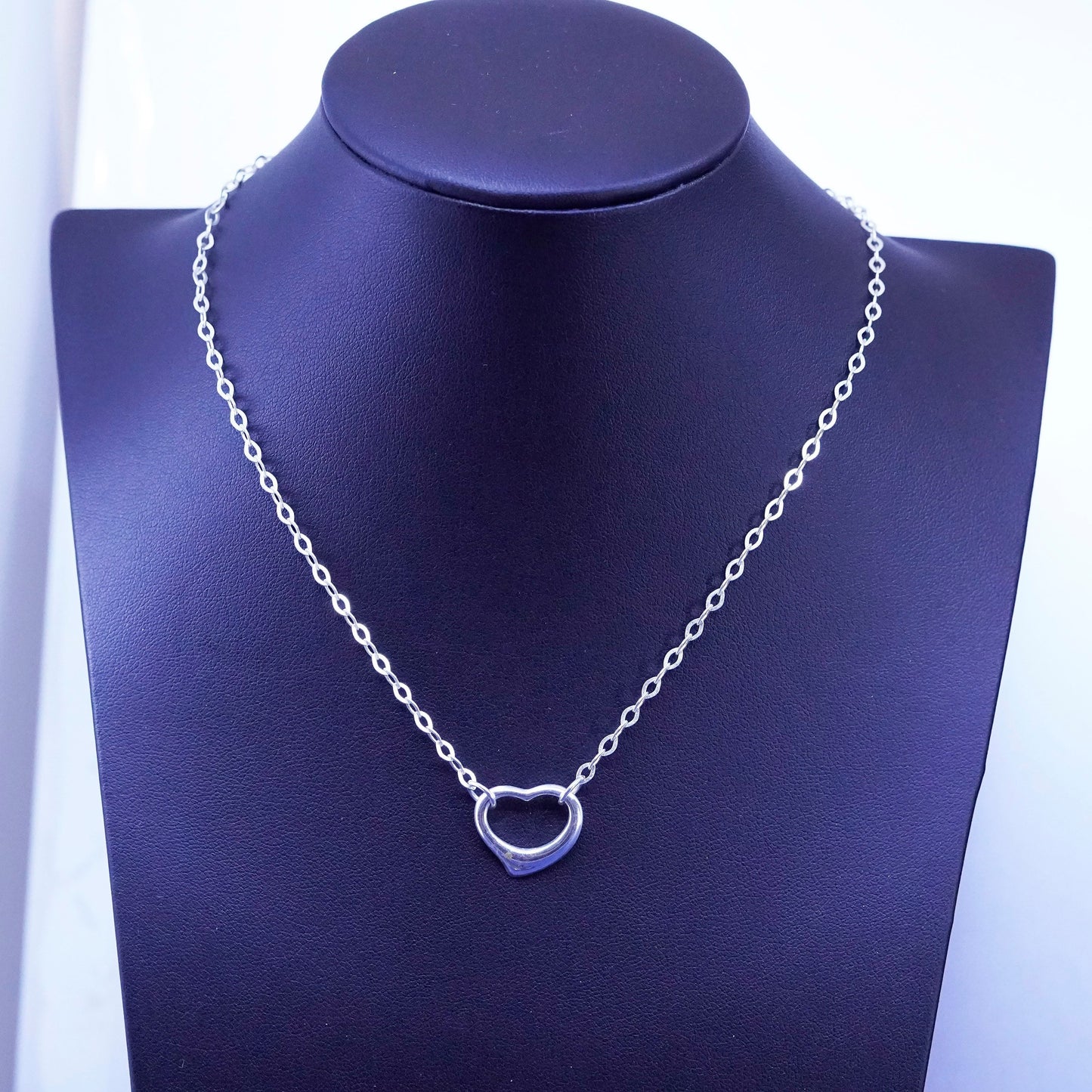 16”, Sterling silver necklace, 925 flatten circle chain with heart pendant