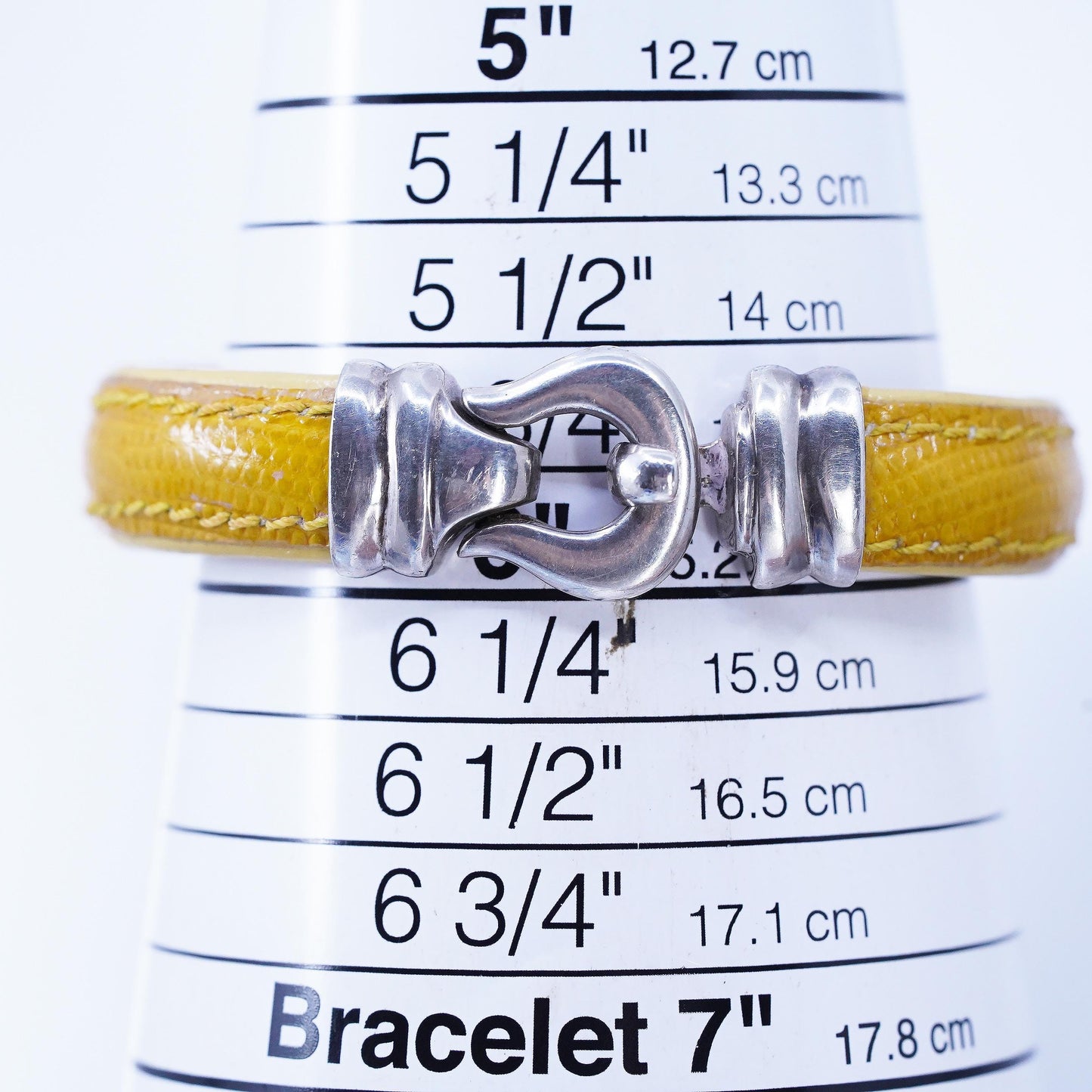 Industria Argentina Sterling 925 Silver Bracelet, Yellow Lizard Leather bangle