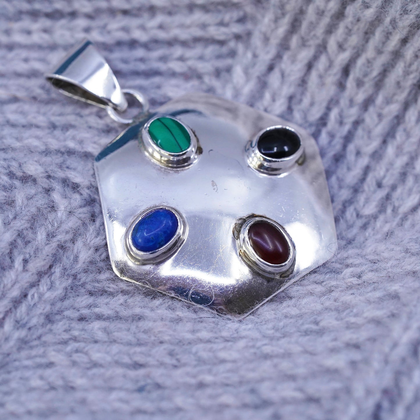 Mexican Sterling silver pendant, 925 hexagon lapis lazuli malachite carnelian