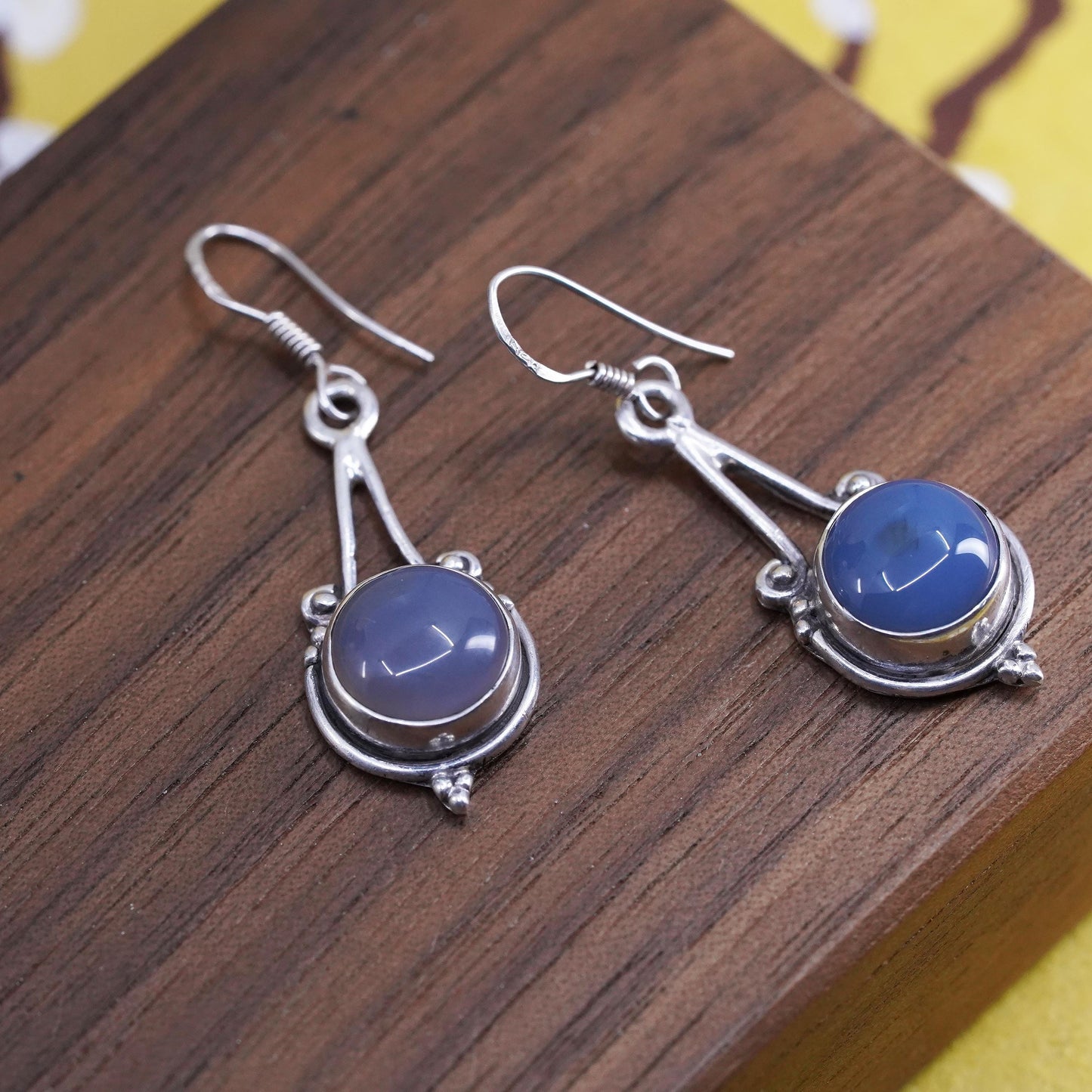 Vintage Sterling 925 silver handmade earrings with blue chalcedony beads