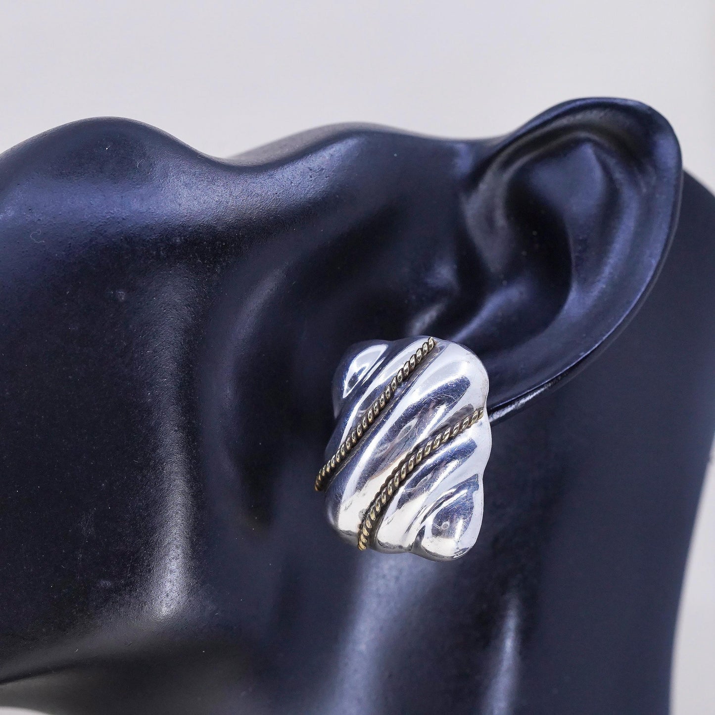 Vintage two tone Sterling silver earrings, Mexican 925 silver huge dome studs