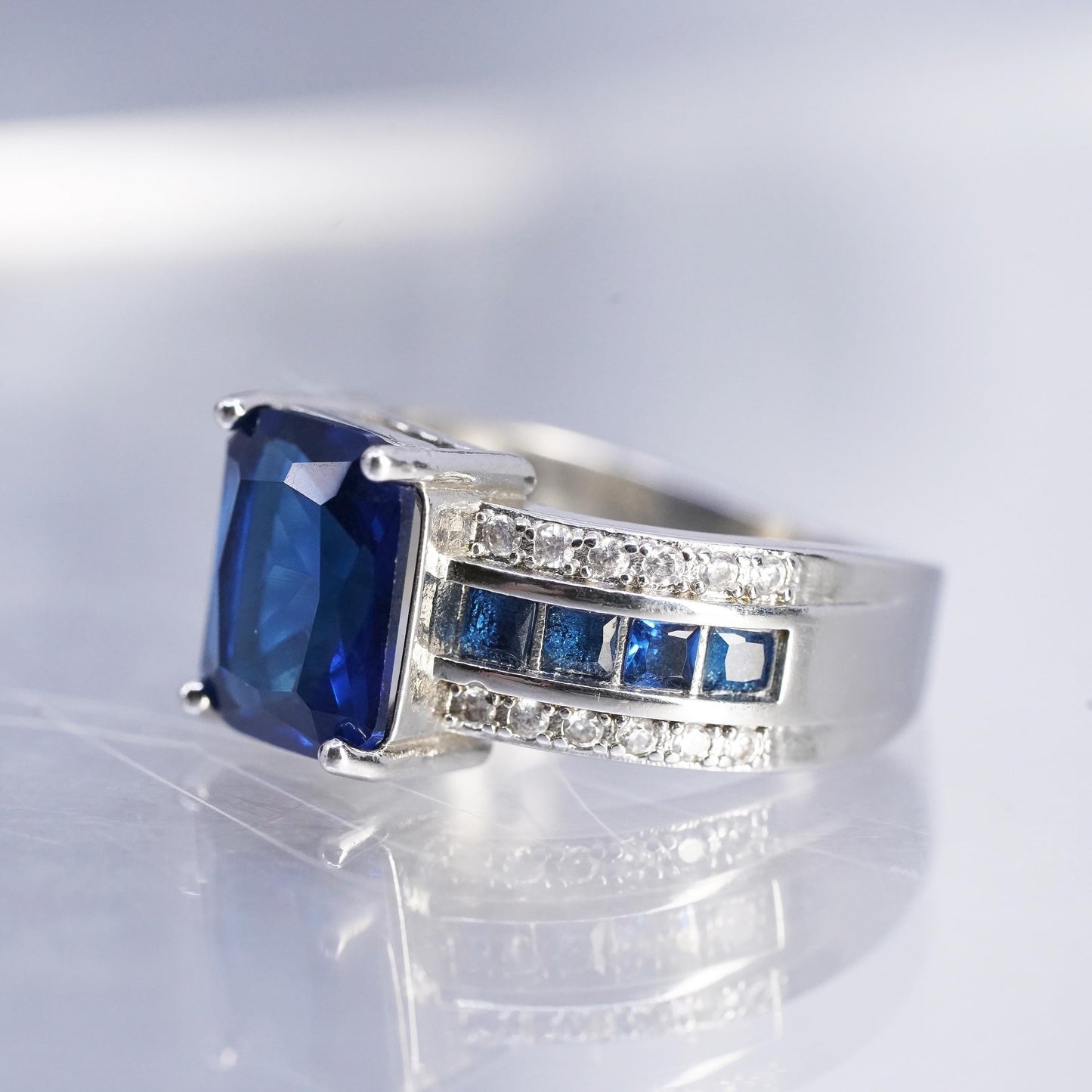 size 6, Sterling Silver Ring, 925 Ring emerald cut blue Sapphire glass cz