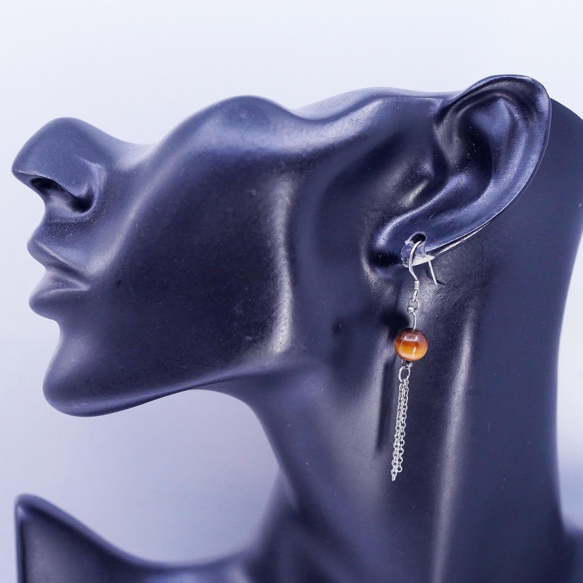 VTG Sterling Silver Handmade long chain Earrings, 925 Golden Tiger Eye beads