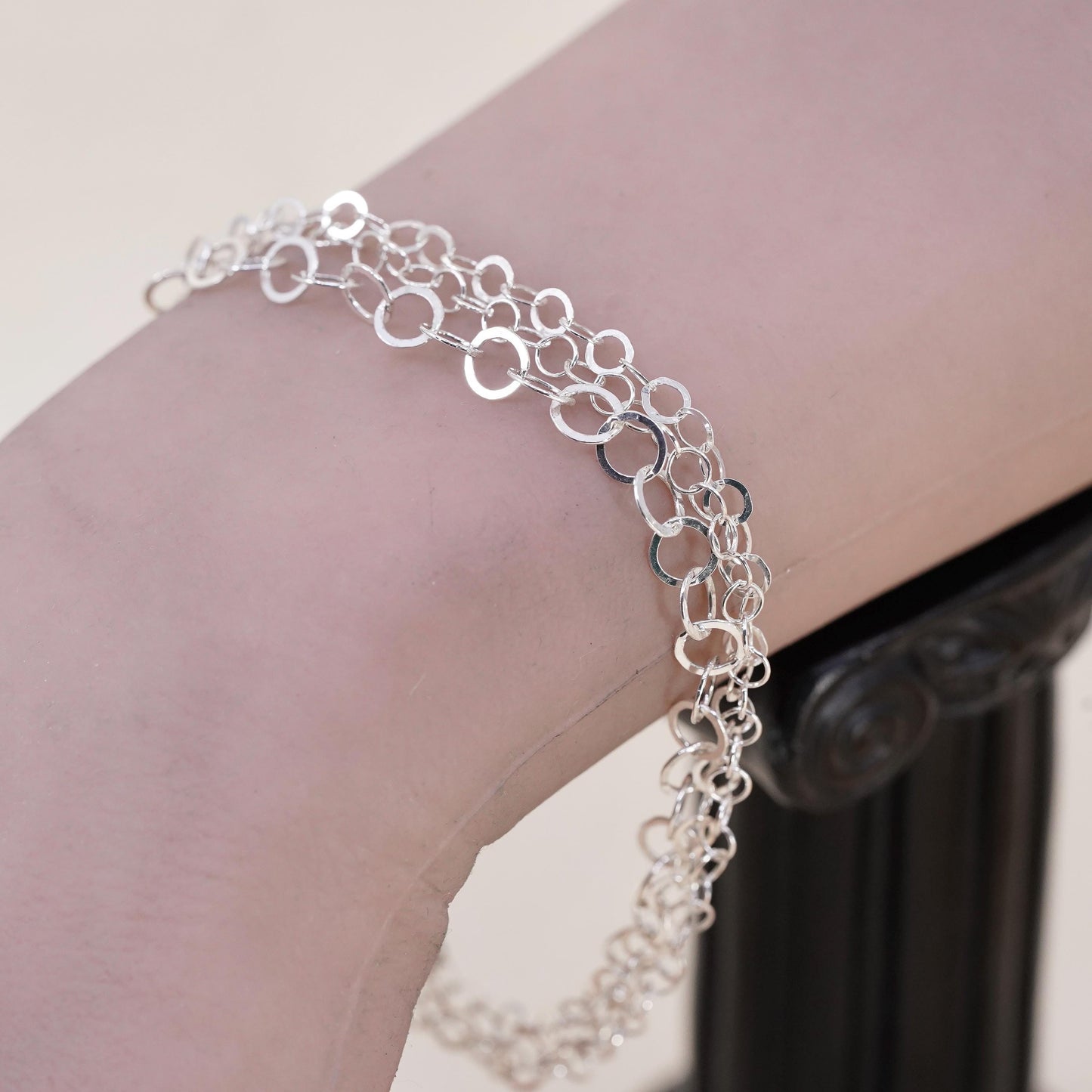 7.75”, Vintage sterling silver multi strands bracelet, 925 flatten circle chain