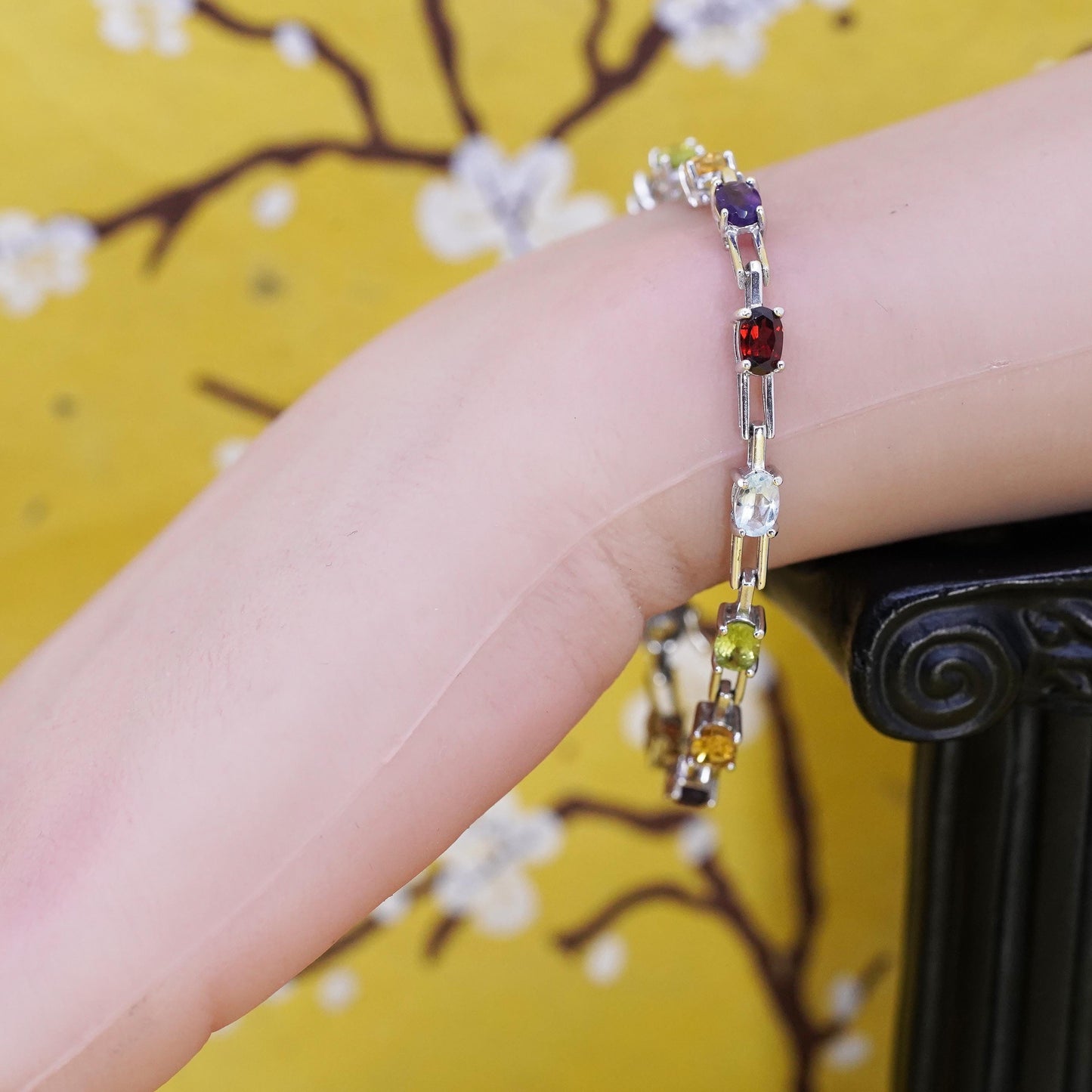 6.75”, Sterling silver tennis bracelet, 925 link amethyst topaz peridot citrine