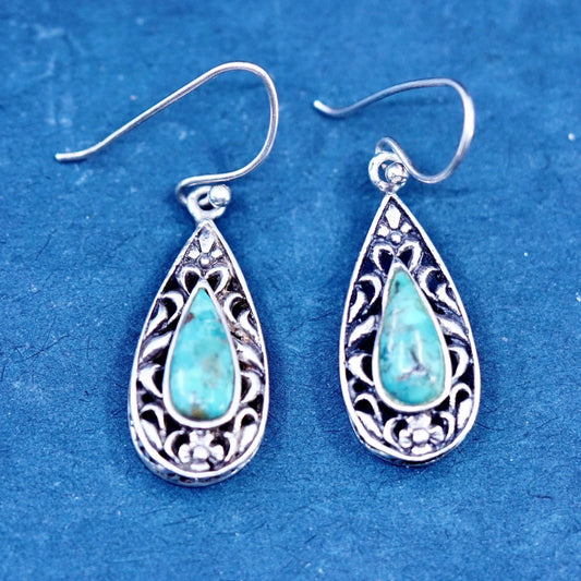 Vintage Sterling 925 silver handmade textured teardrop earrings with turquoise
