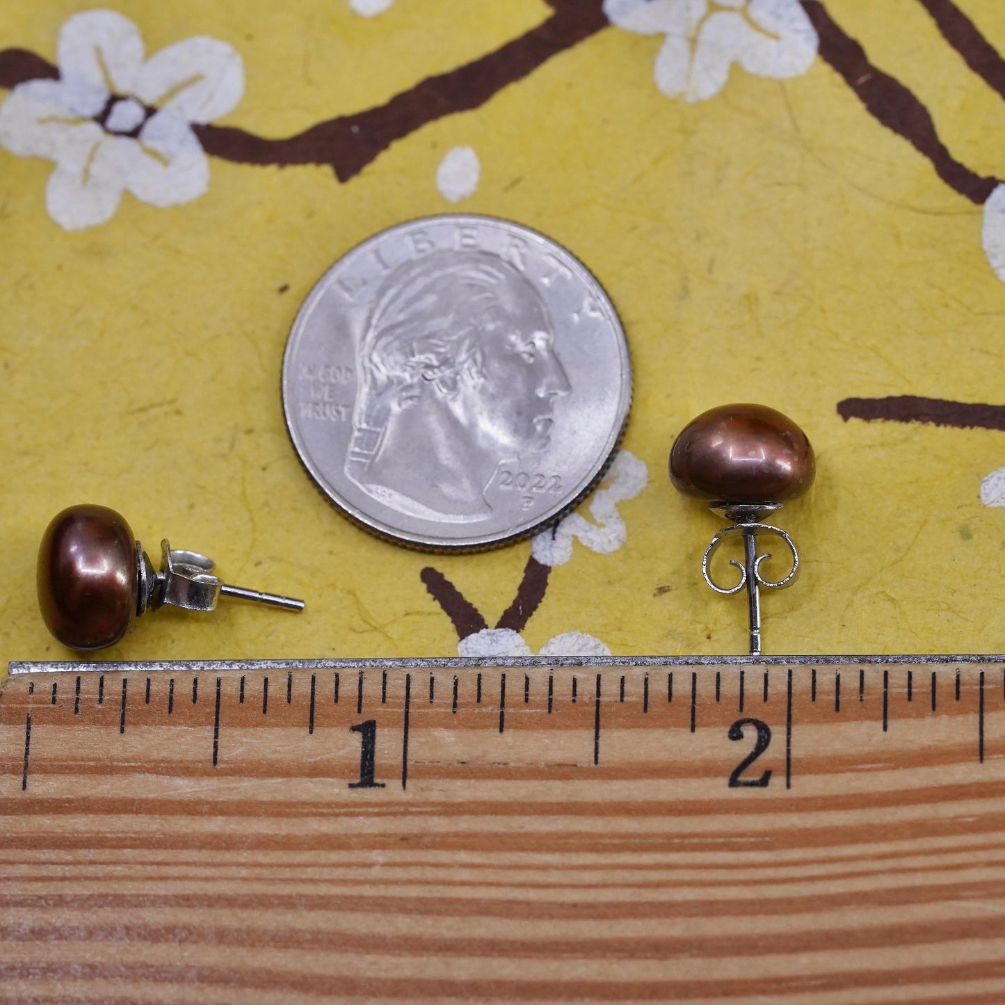 8mm, Vintage 925 Sterling silver handmade studs earrings bronze tone pearl