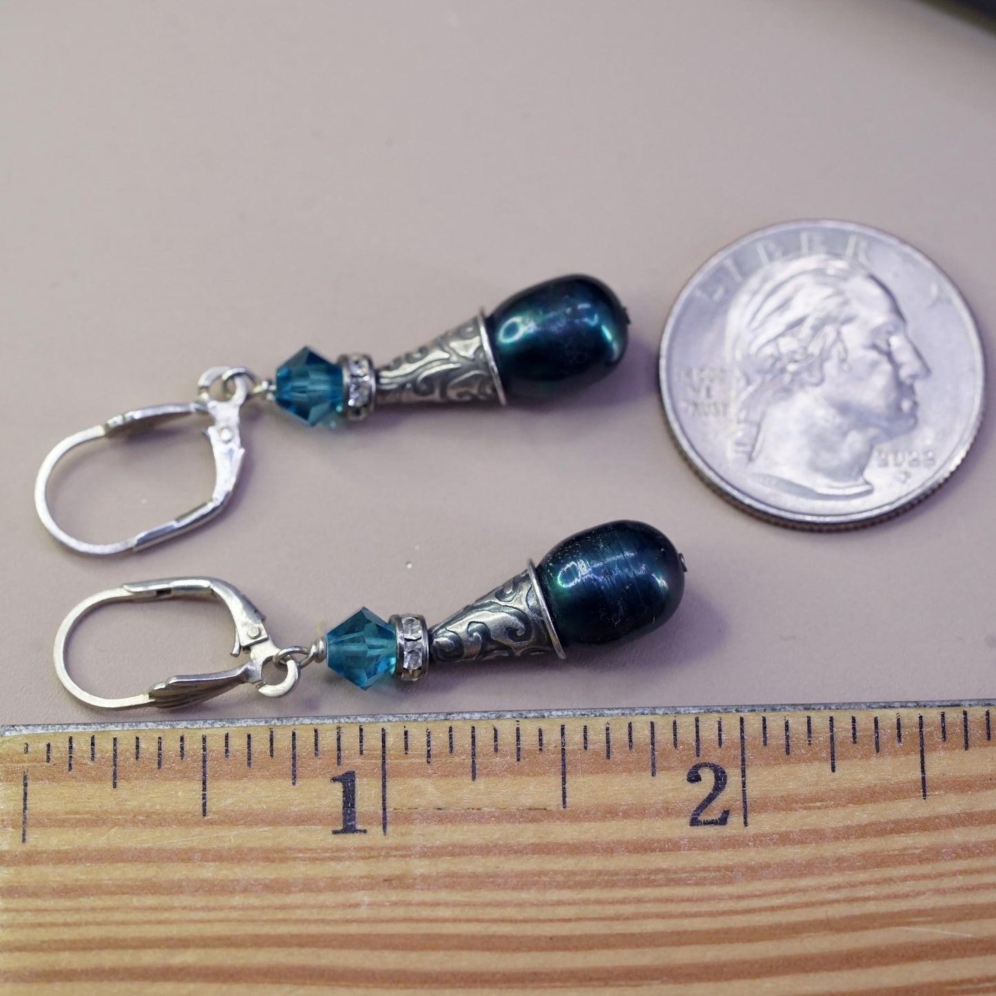 Vintage antique Sterling 925 silver handmade earrings with teardrop black pearl