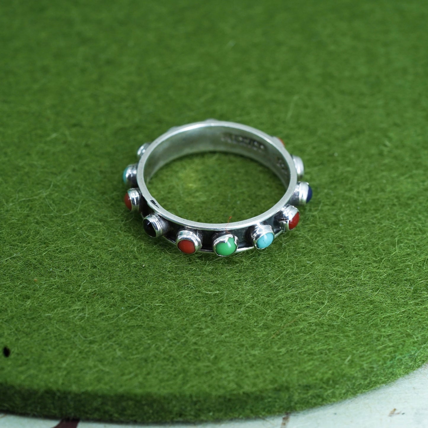 Size 9, Mexico sterling silver ring, southwestern 925 stackable band gemstones