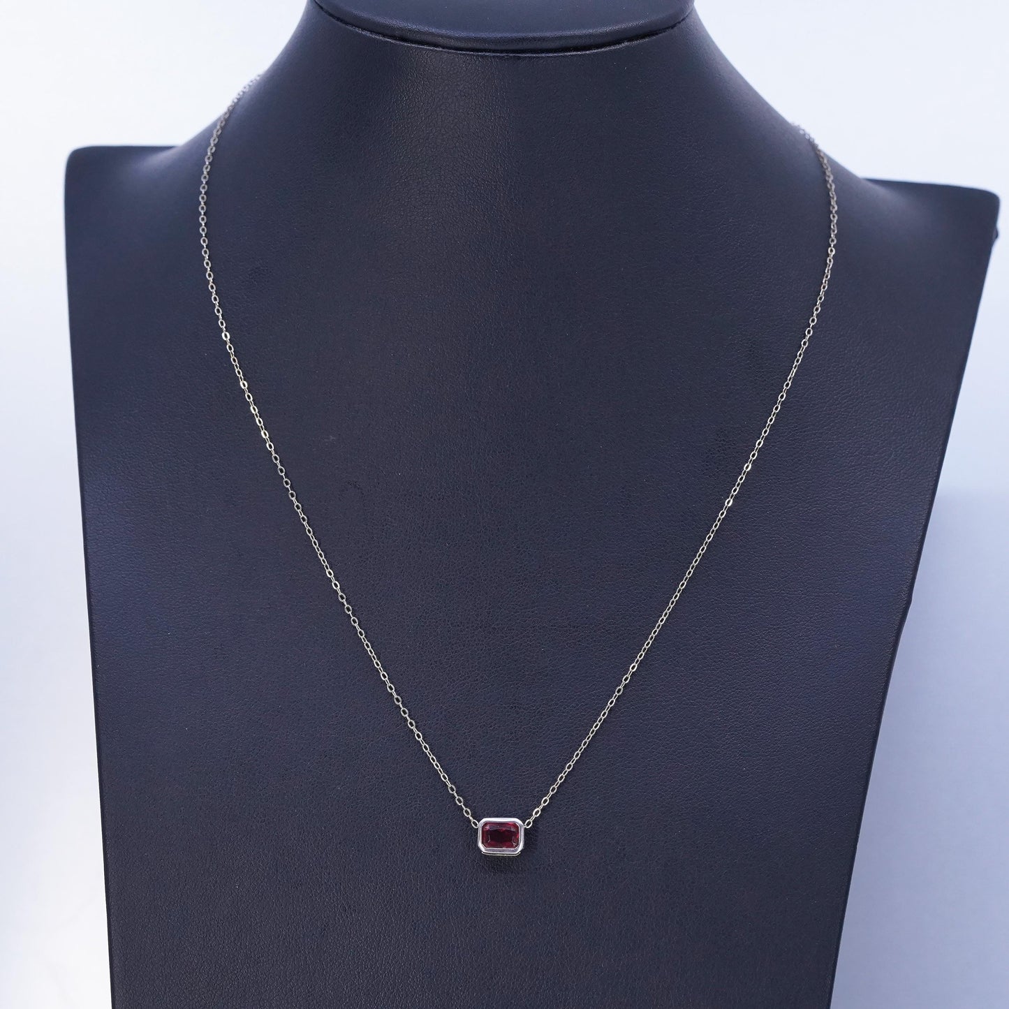 16+2”, vintage Sterling 925 silver flatten circle necklace with pendant pink Cz
