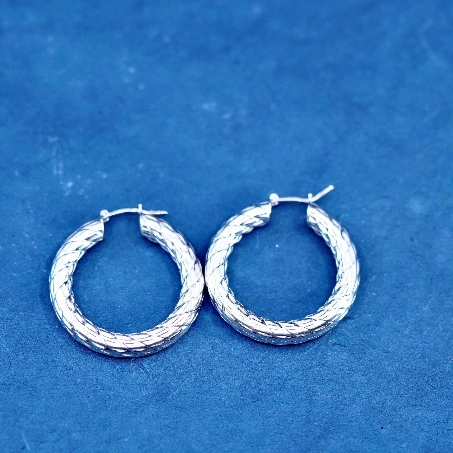1.25”, Italian Sterling silver handmade earrings, textured 925 hoops Huggie