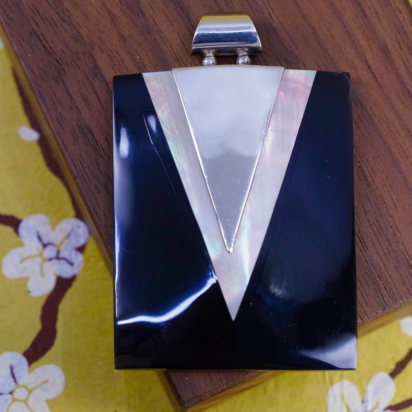 Mexican huge Sterling 925 silver rectangular pendant with onyx mother of pearl