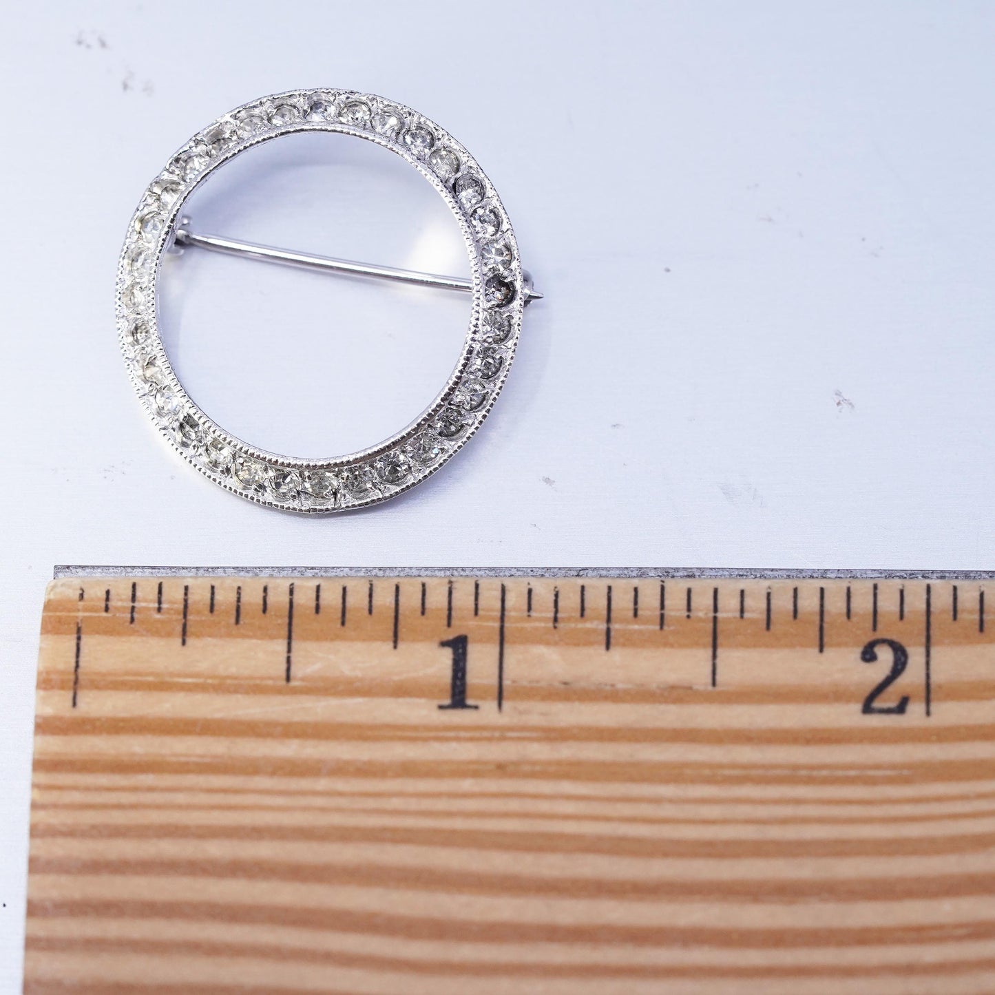 Vintage sterling silver handmade brooch, 925 circle pin with cluster cz