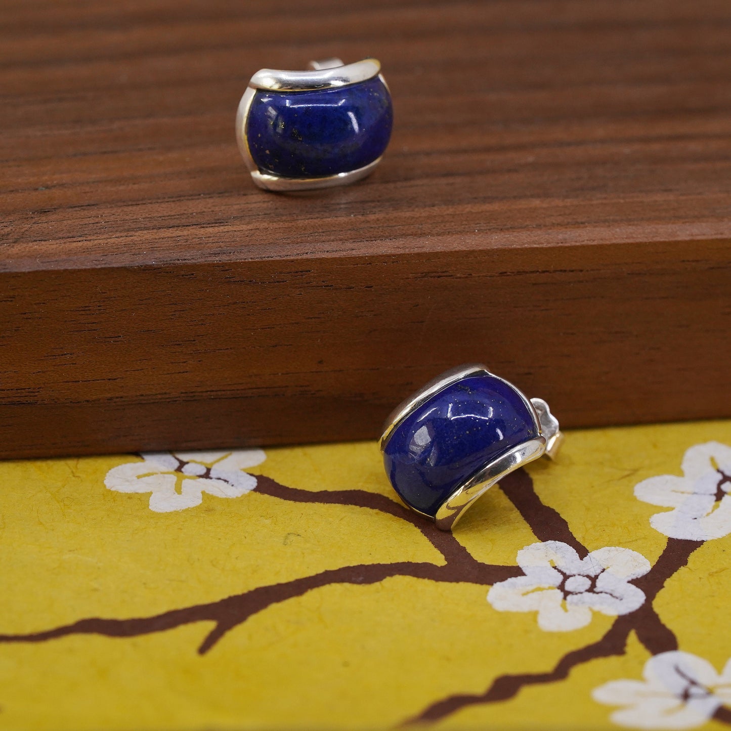 vintage Sterling silver handmade earrings, 925 huggie studs with lapis lazuli