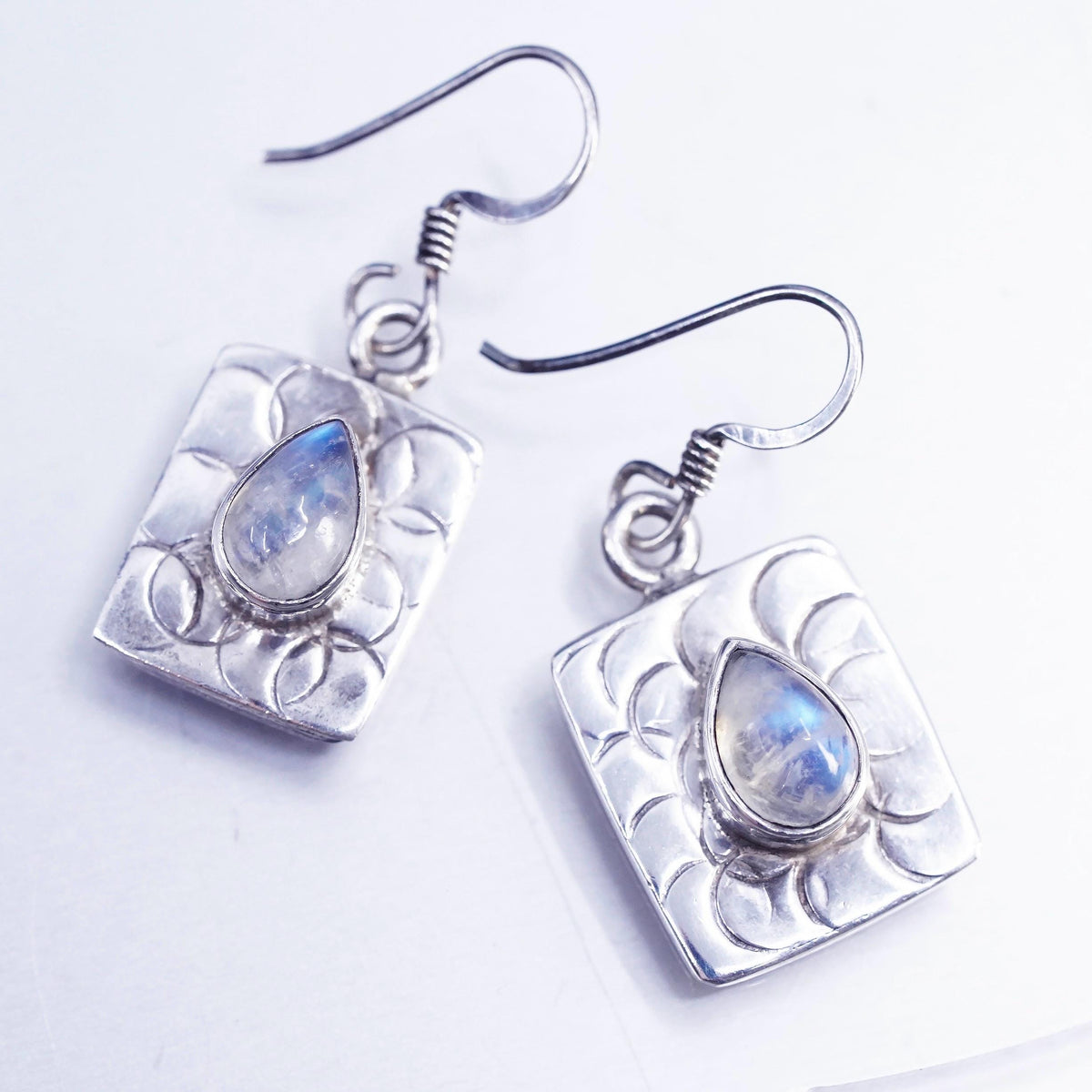 Vintage Sterling 925 silver textured square earrings teardrop moonstone