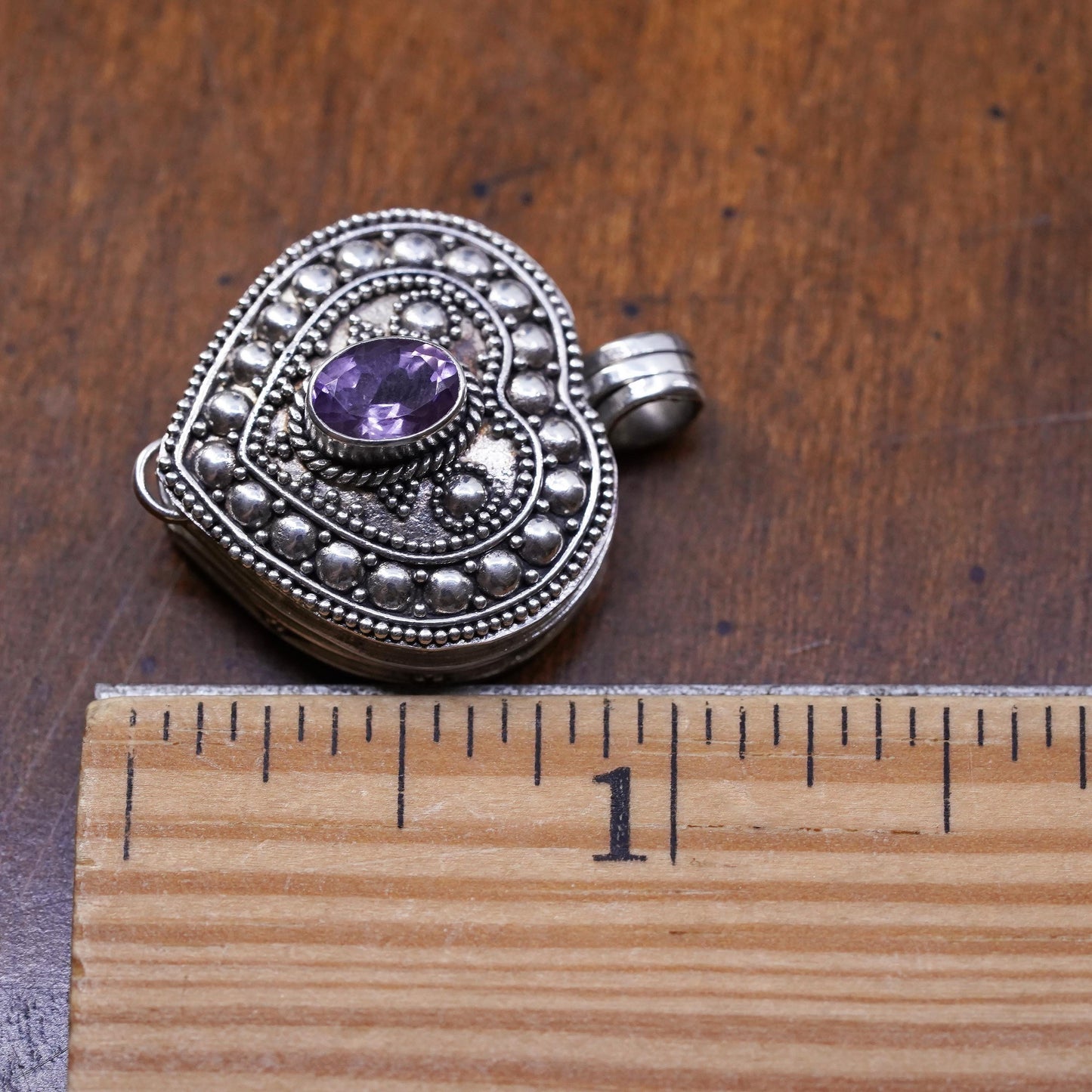 VTG Sterling silver handmade pendant, beaded 925 heart locket charm amethyst