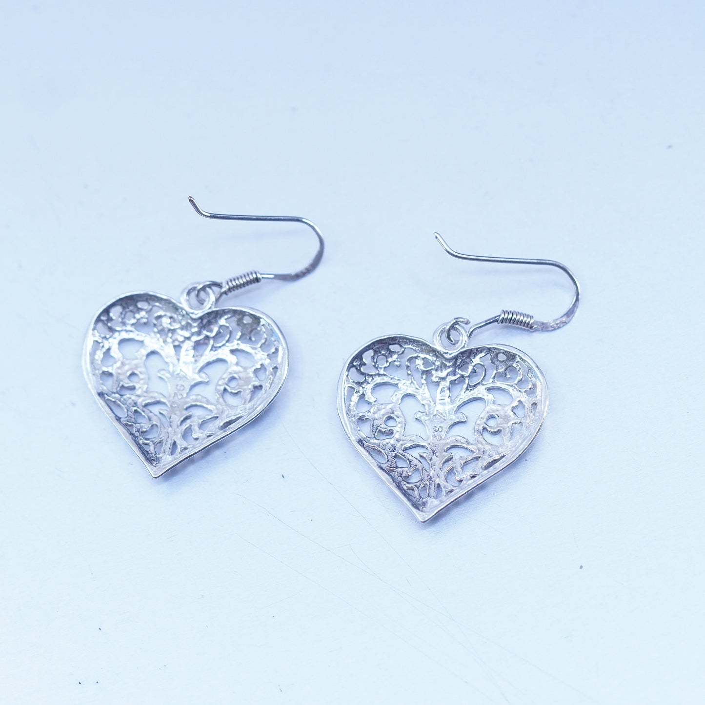 Vintage Sterling 925 silver handmade filigree heart earrings