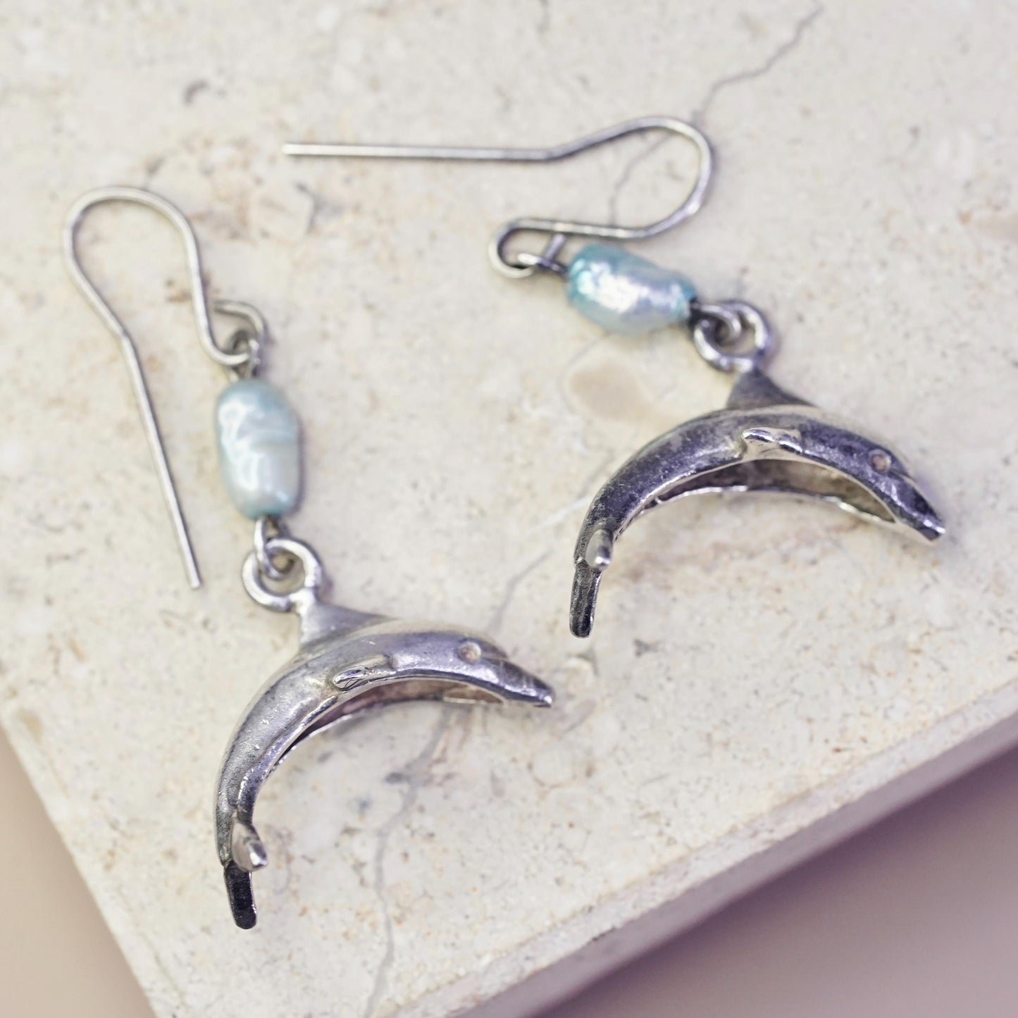 Vintage Sterling silver handmade earrings, 925 dolphin dangles blue pearl beads