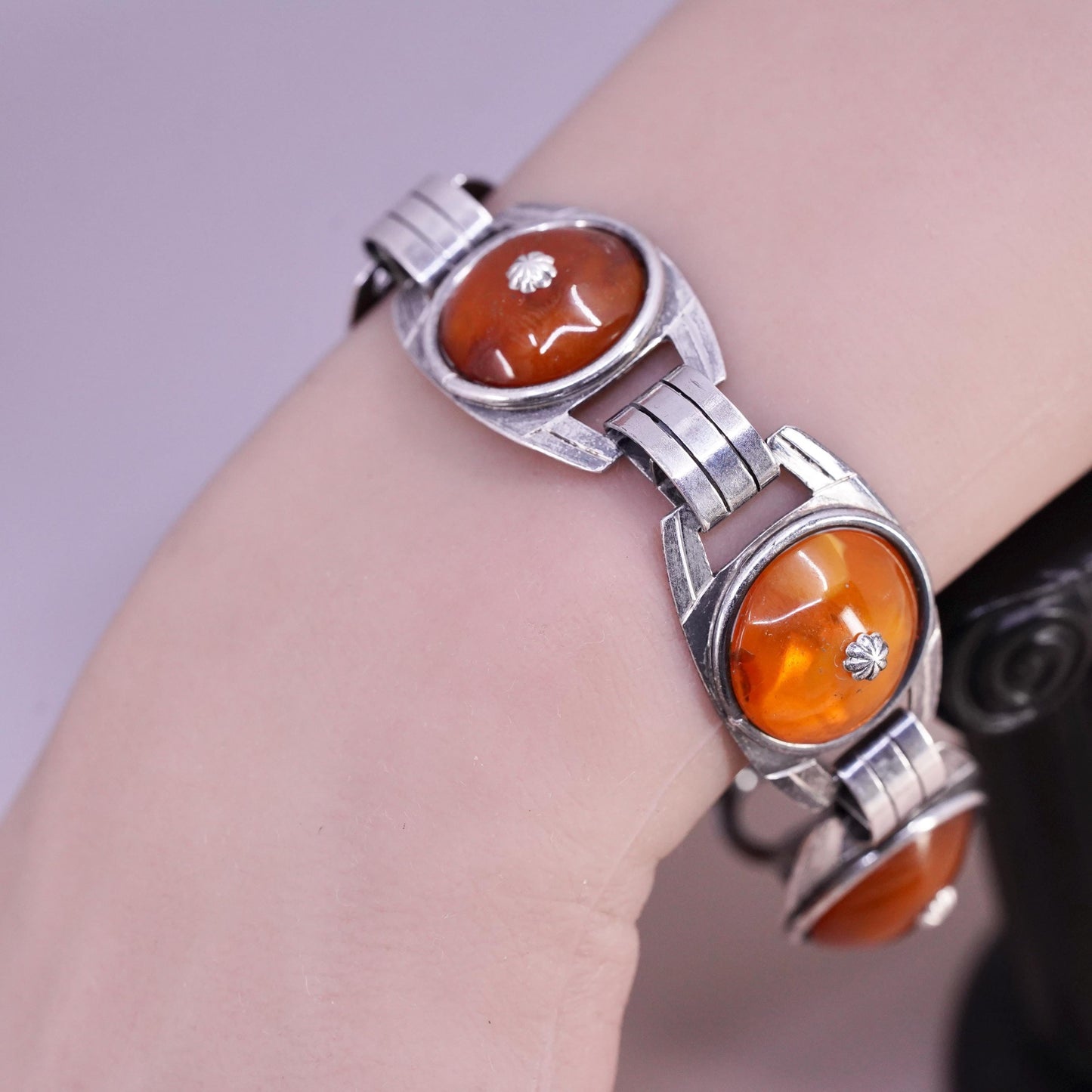 7.75", vintage German OKO sterling 835 silver handmade bracelet with carnelian