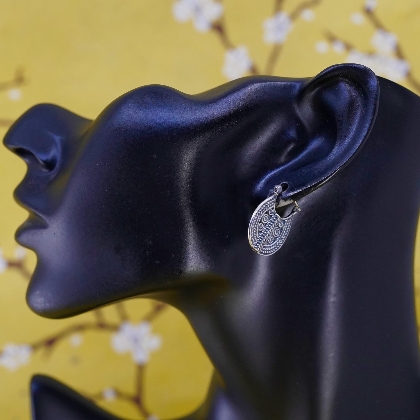 0.75", VTG Sterling silver handmade flatten hoops, textured 925 huggie earrings
