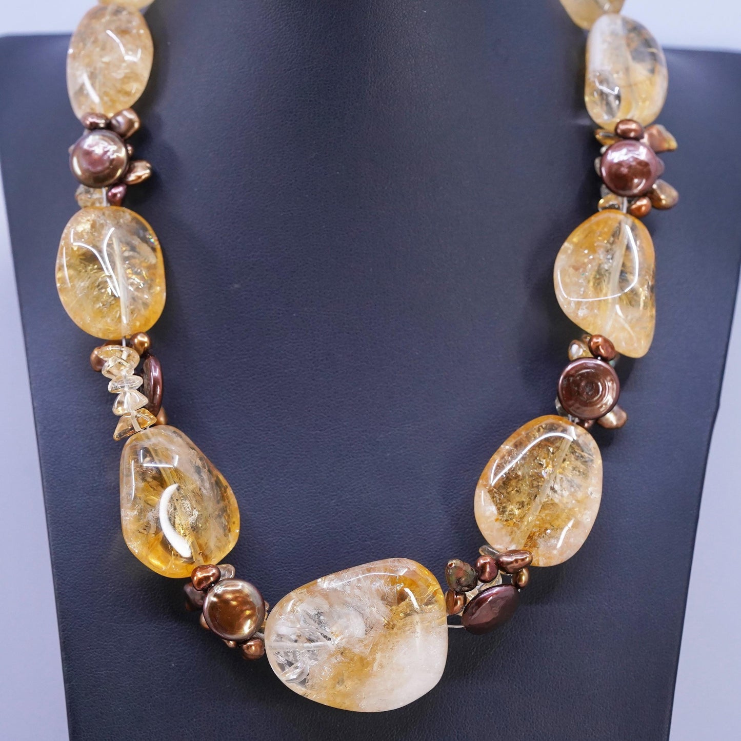 16+2", VTG Deb Guyot Sterling 925 silver chunky citrine coin pearls Necklace