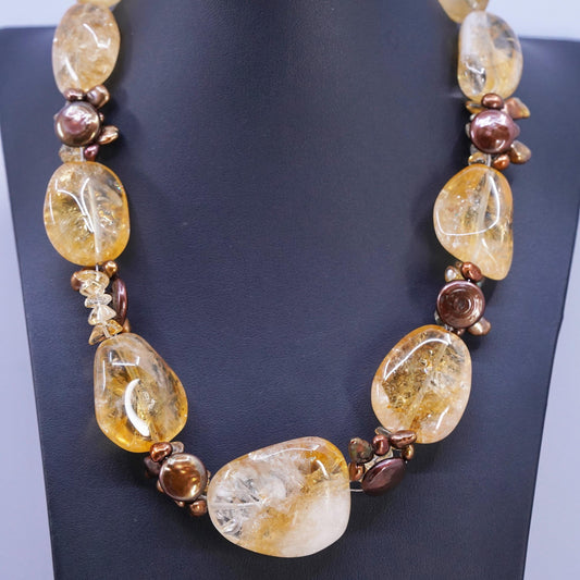 16+2", VTG Deb Guyot Sterling 925 silver chunky citrine coin pearls Necklace