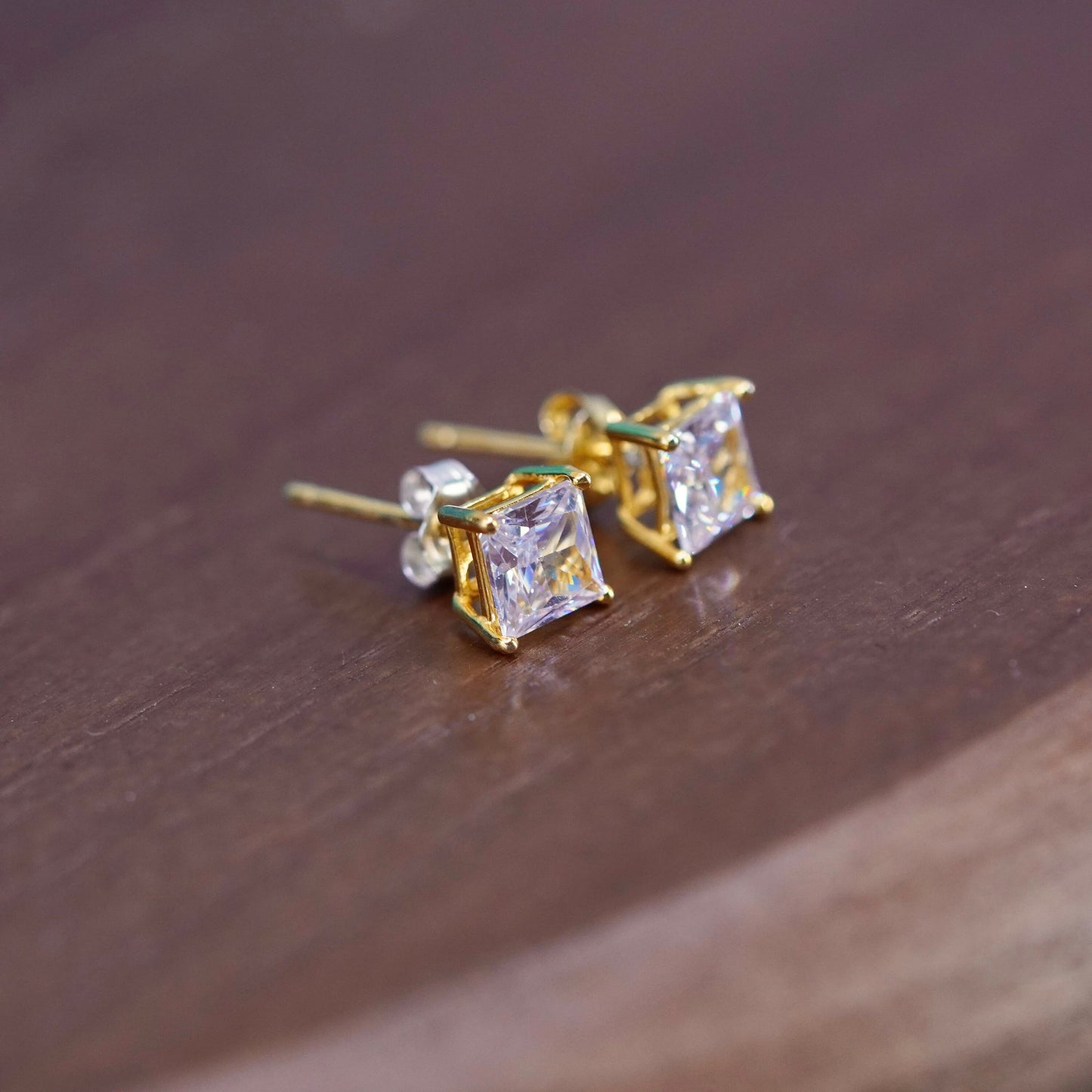 Vintage vermeil rose gold over sterling silver earrings, 925 studs w/ cz inlay