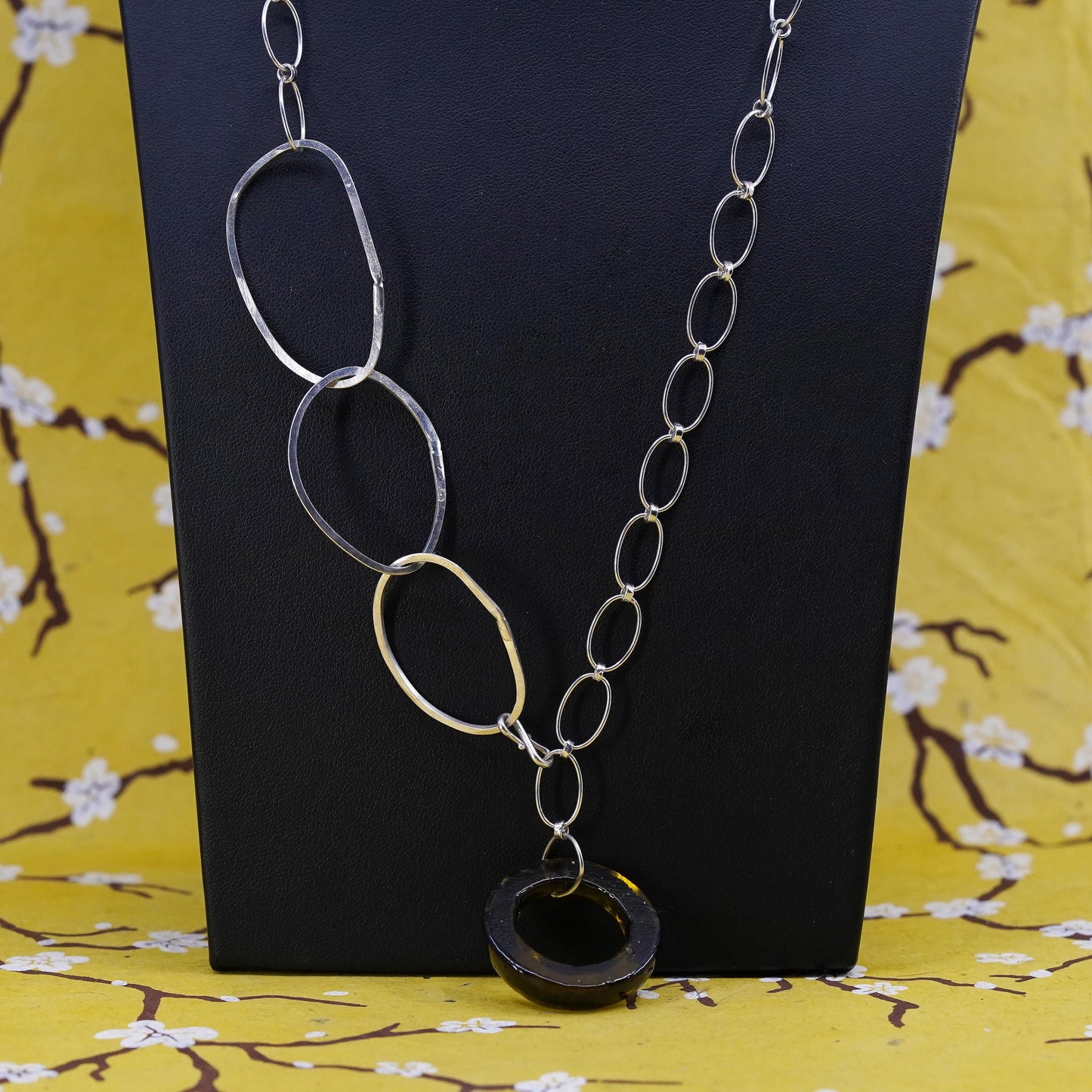 24", Sterling silver sweater necklace, 925 oval chain yellow glass pendant
